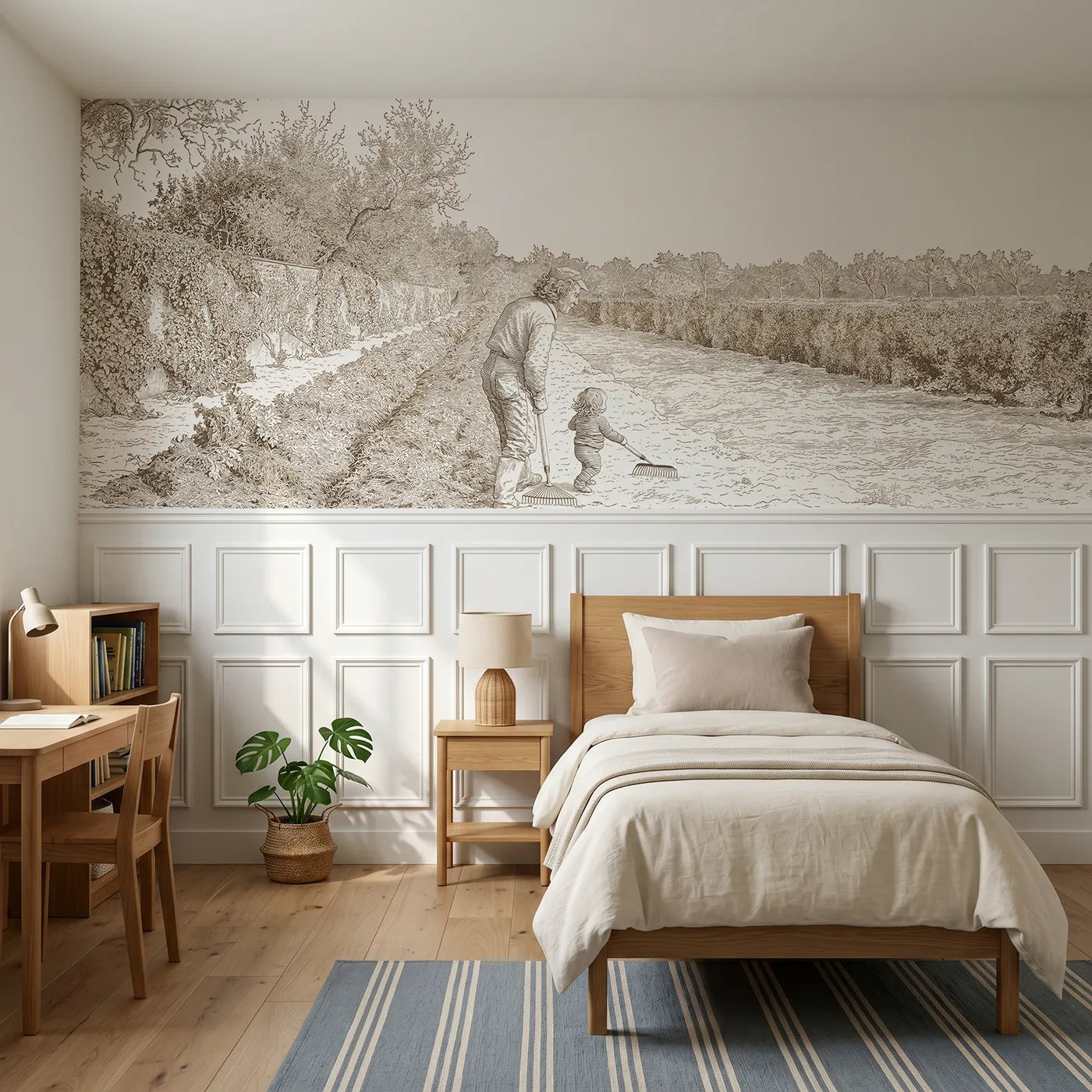 Toile wainscoting wallpaper of the smallest gardener in brown by Whimsy Tots