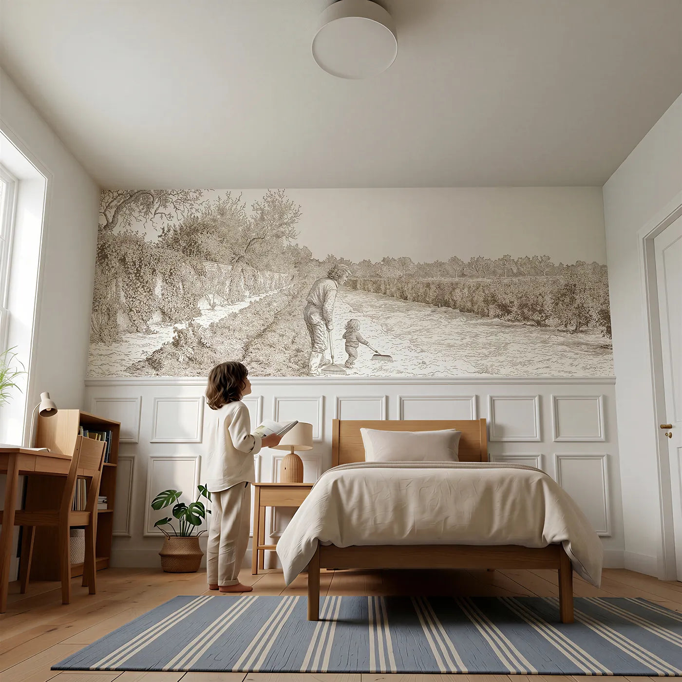 Child reading near The Smallest Gardener Wainscoting Wallpaper in Brown by Whimsy Tots