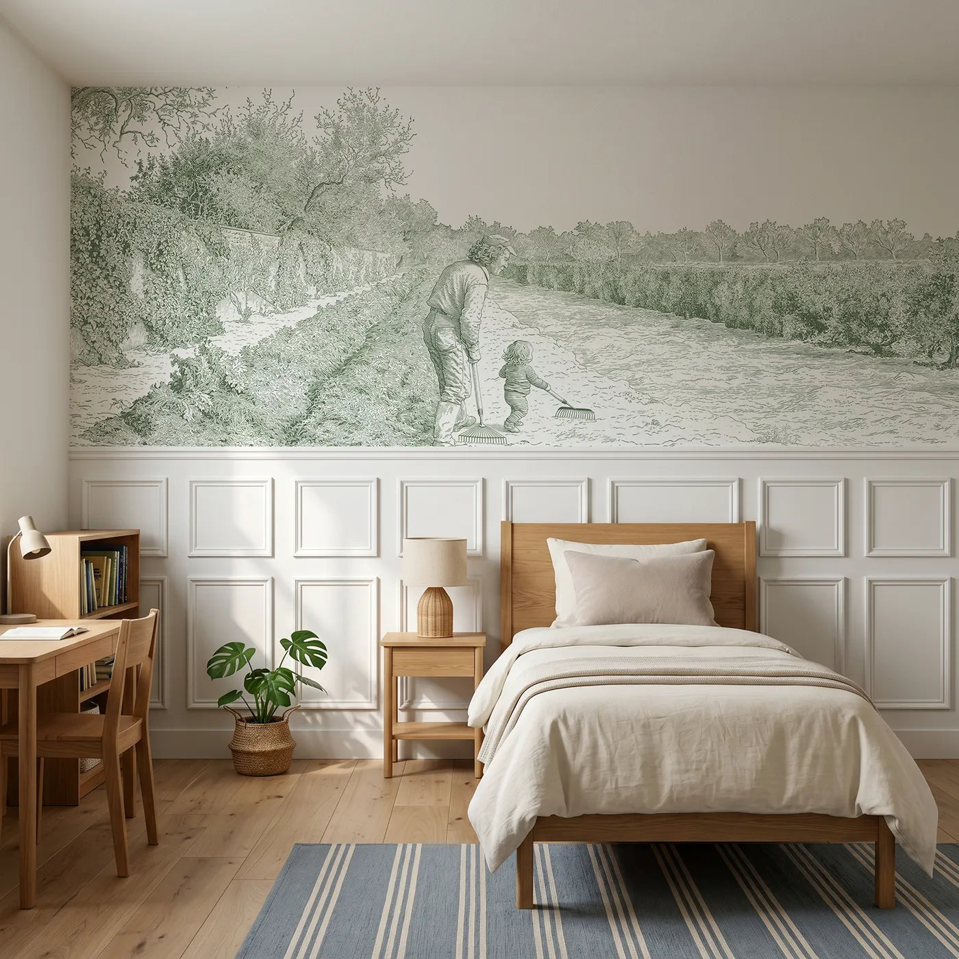 Toile wainscoting wallpaper of the smallest gardener in green by Whimsy Tots