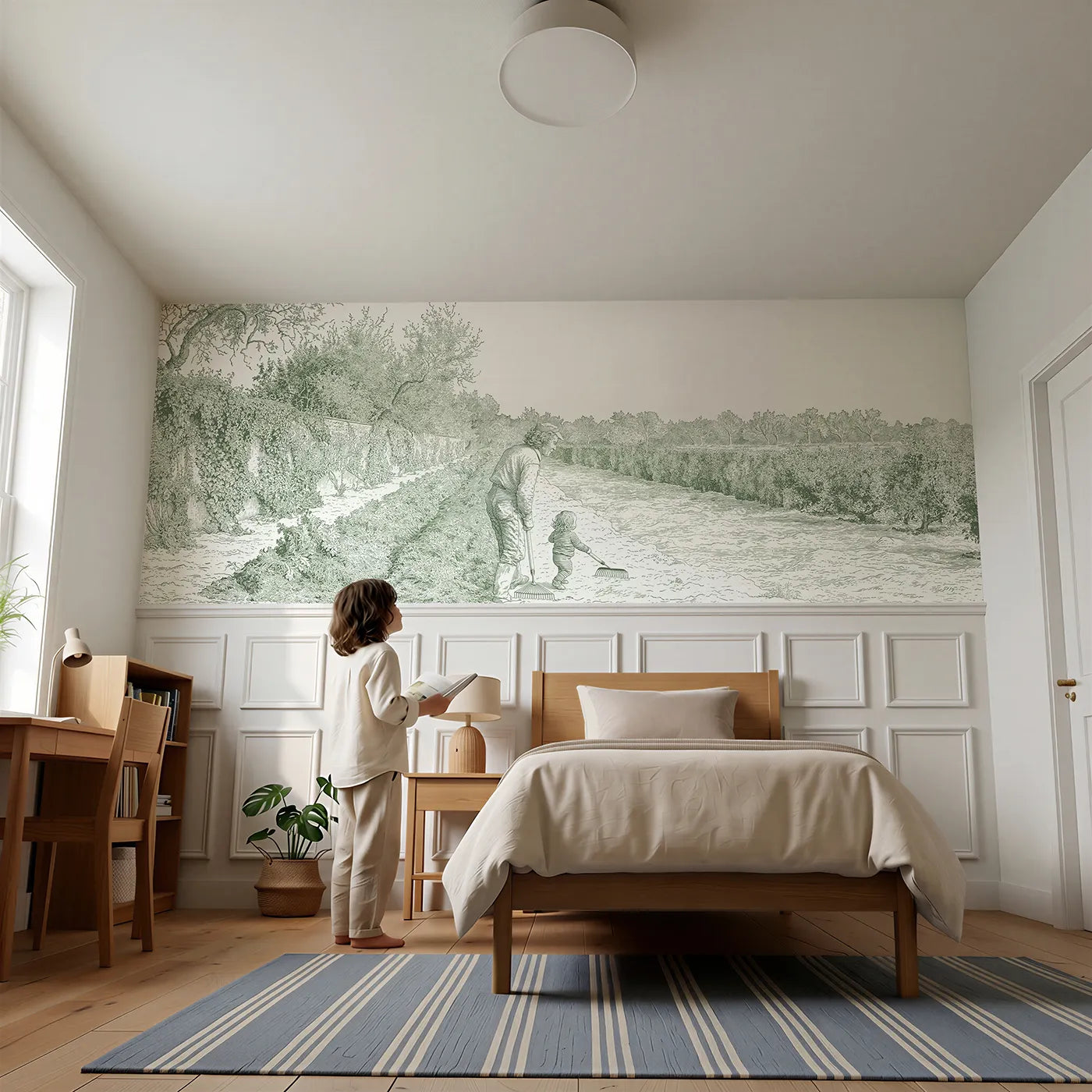 Child reading near The Smallest Gardener Wainscoting Wallpaper in Green by Whimsy Tots