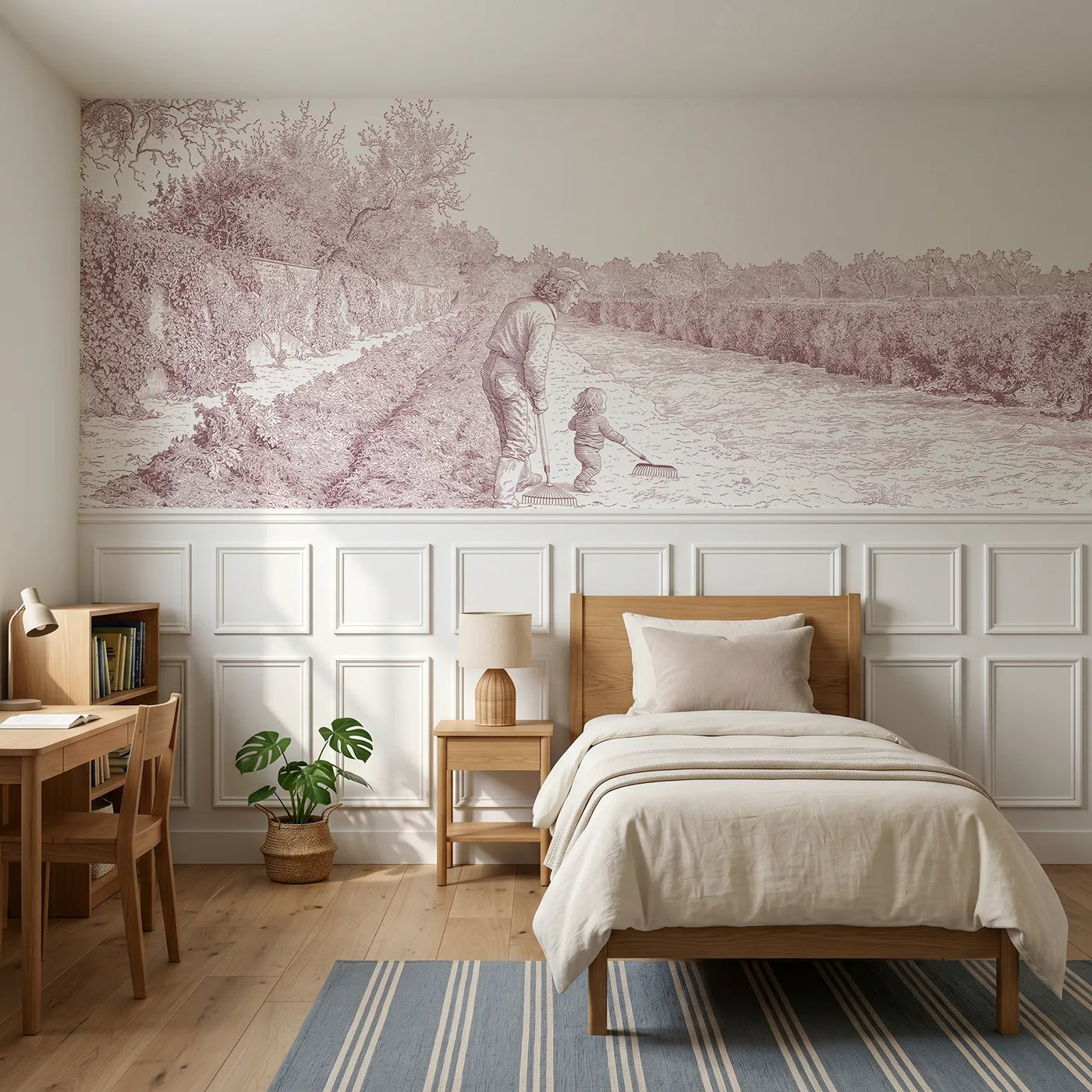 Toile wainscoting wallpaper of the smallest gardener in pink by Whimsy Tots