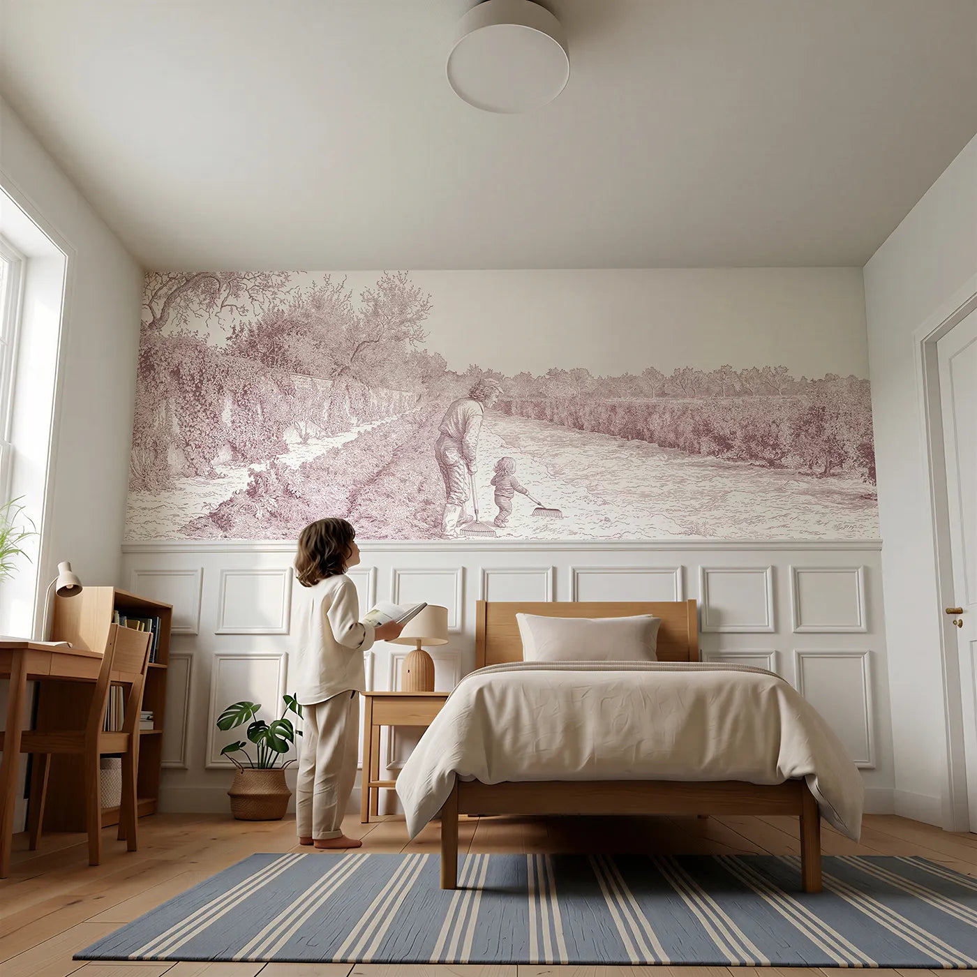 Child reading near The Smallest Gardener Wainscoting Wallpaper in Pink by Whimsy Tots