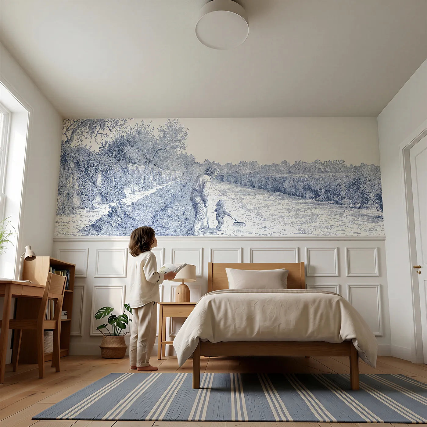Child reading near The Smallest Gardener Wainscoting Wallpaper by Whimsy Tots
