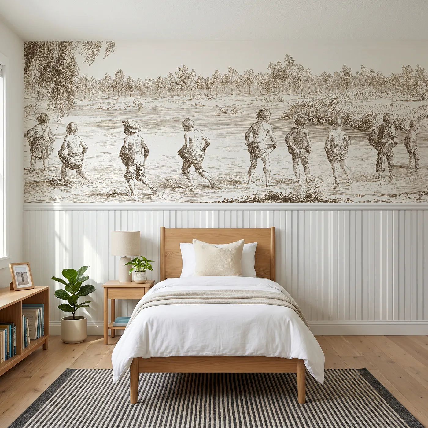 Toile wainscoting wallpaper of paddling in the stream in brown by Whimsy Tots