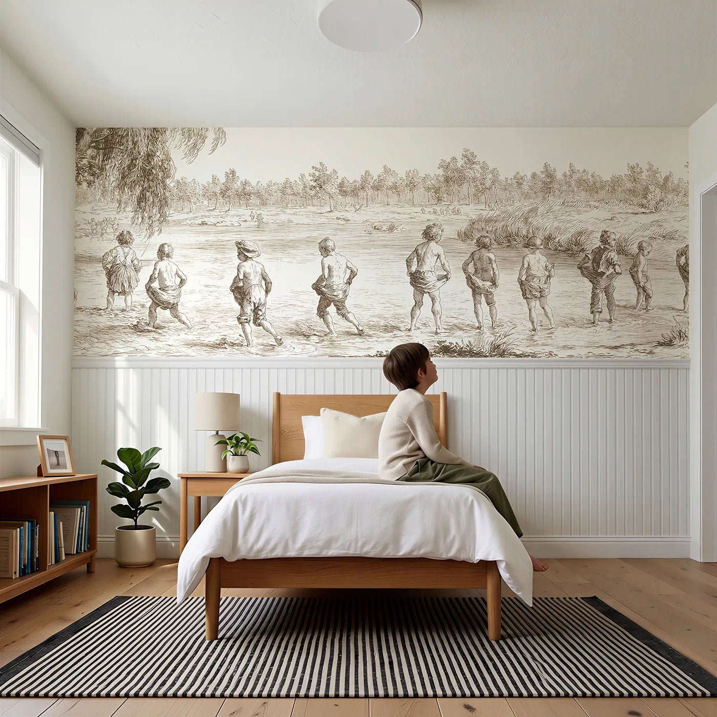 Child reading near Paddling In The Stream Wainscoting Wallpaper in Brown by Whimsy Tots