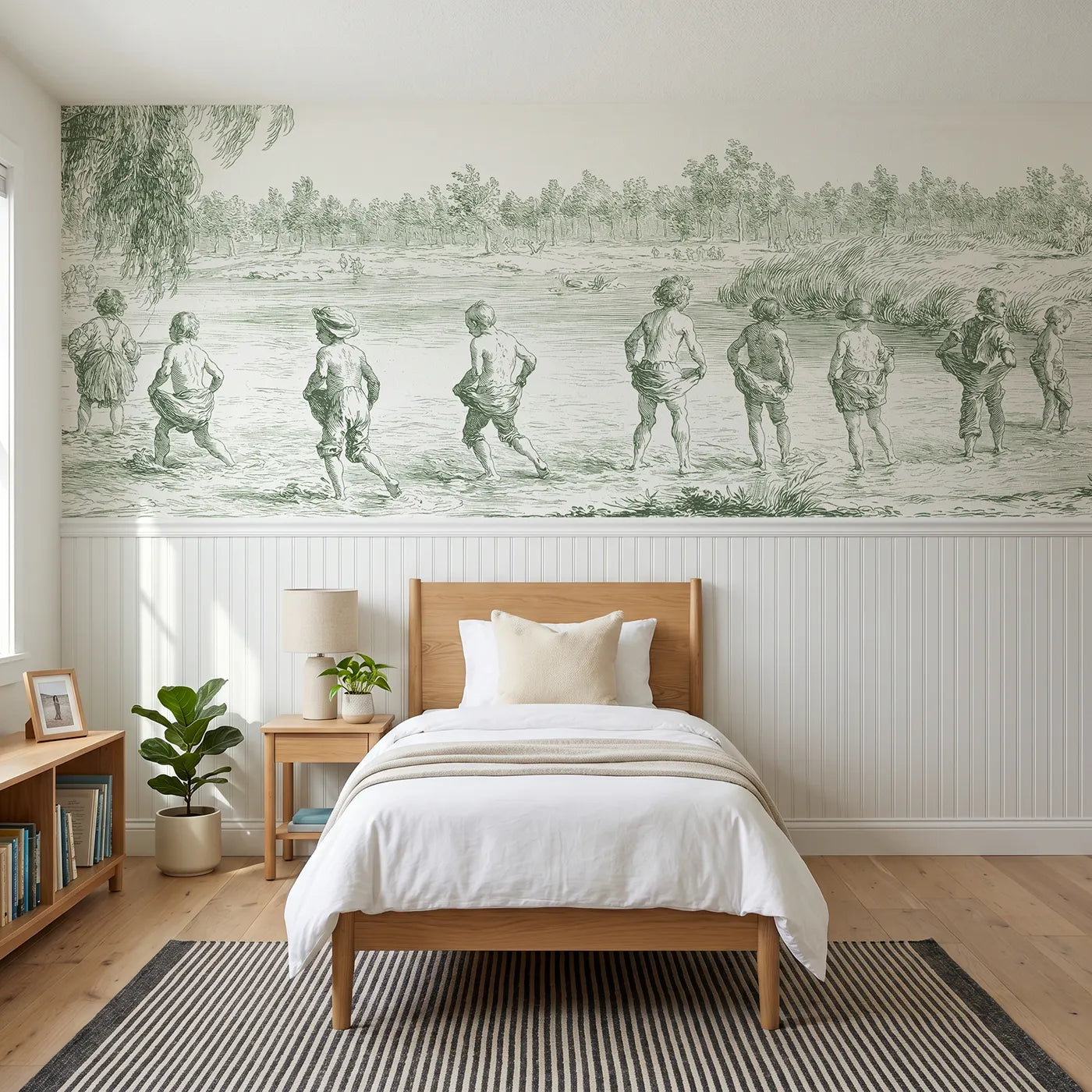 Toile wainscoting wallpaper of paddling in the stream in green by Whimsy Tots