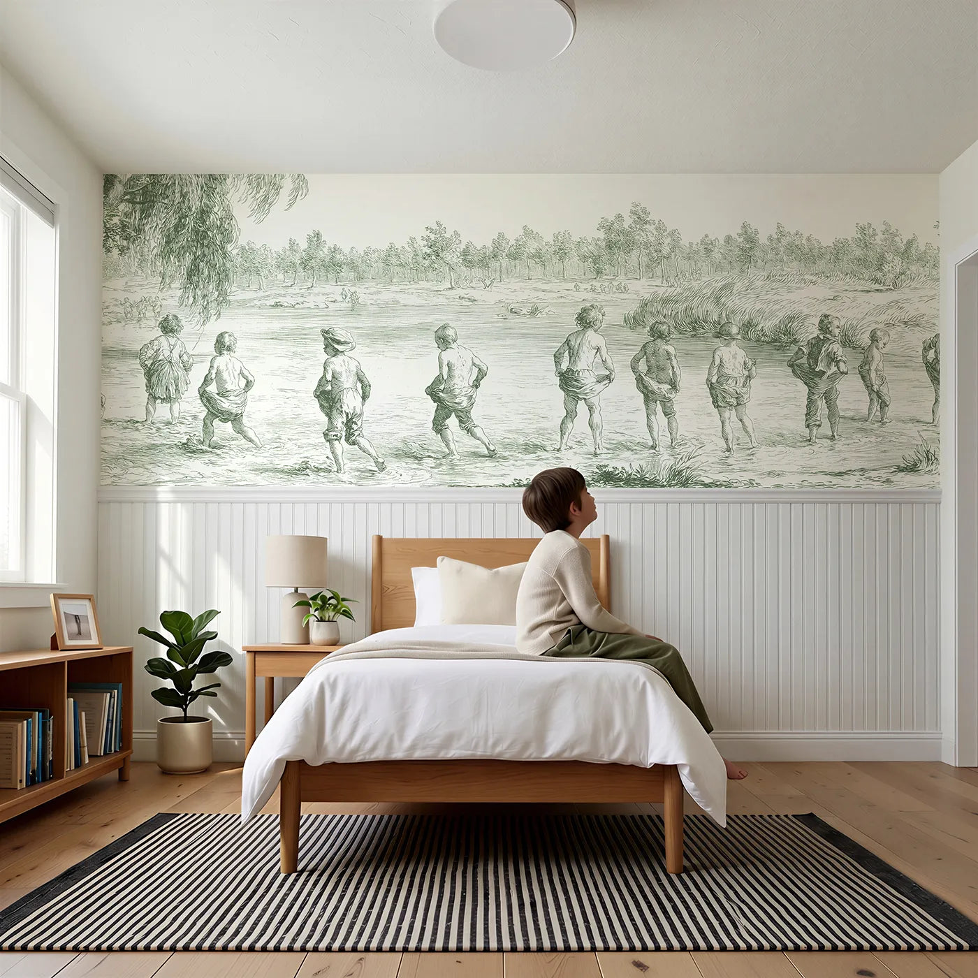 Child reading near Paddling In The Stream Wainscoting Wallpaper in Green by Whimsy Tots