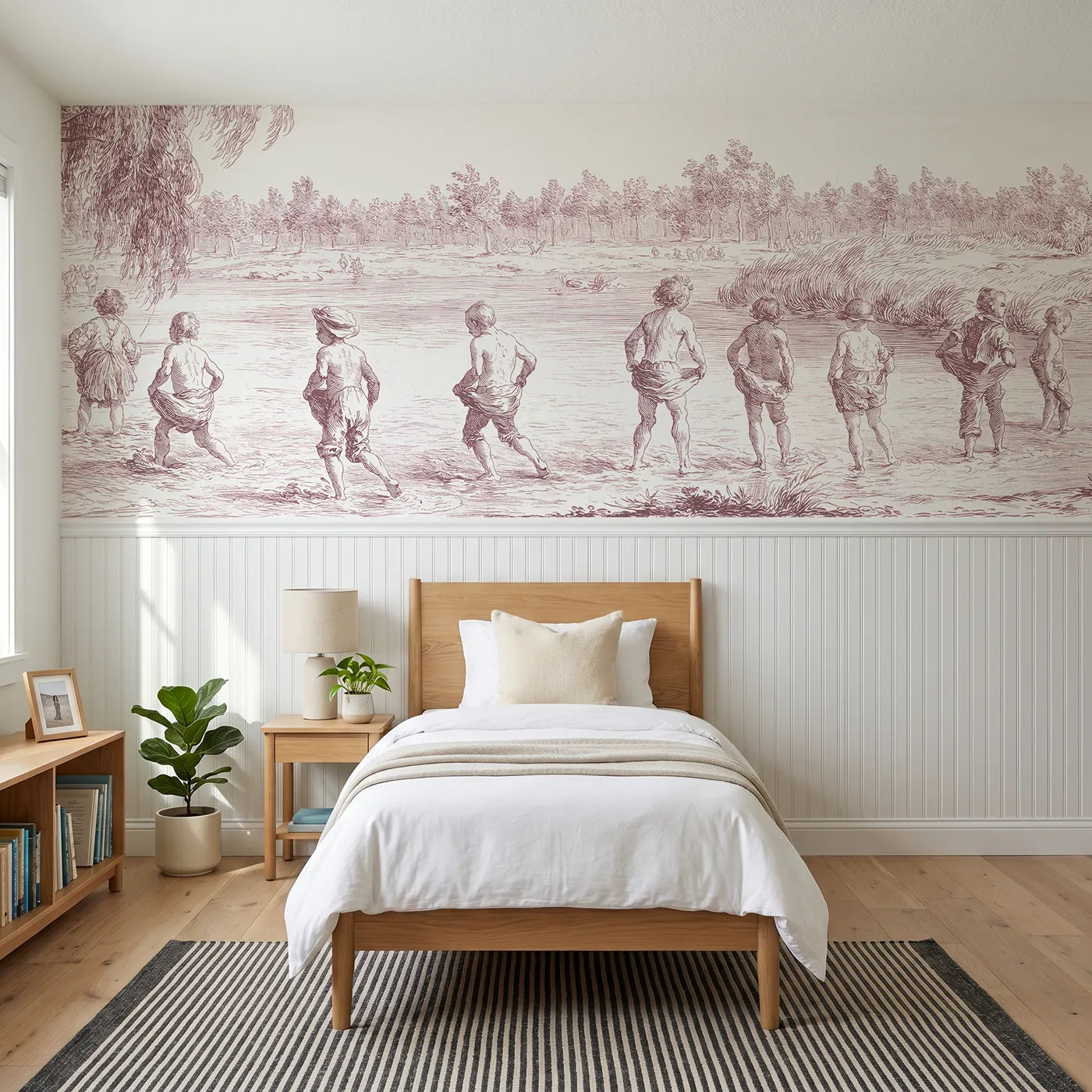 Toile wainscoting wallpaper of paddling in the stream in pink by Whimsy Tots