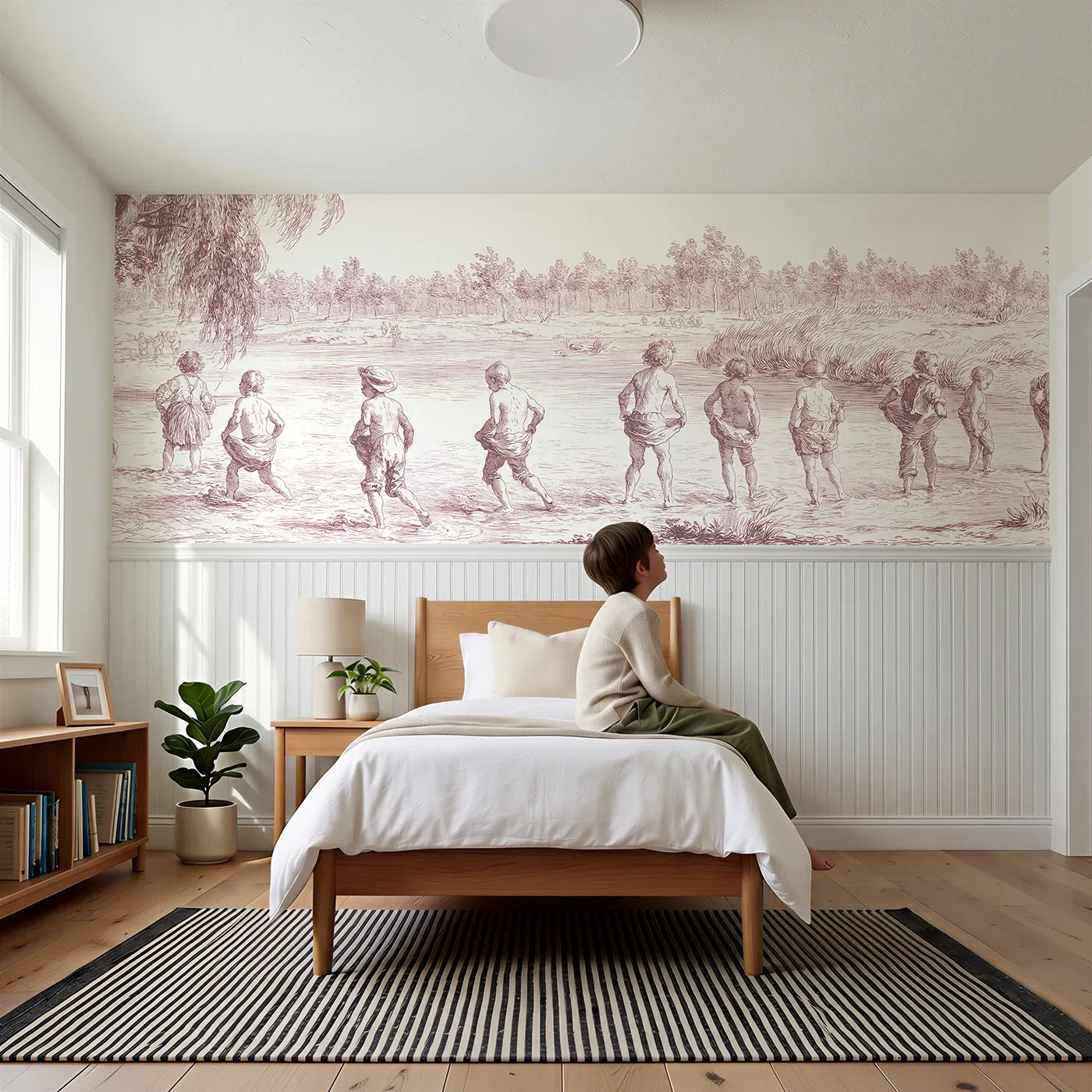 Child reading near Paddling In The Stream Wainscoting Wallpaper in Pink by Whimsy Tots
