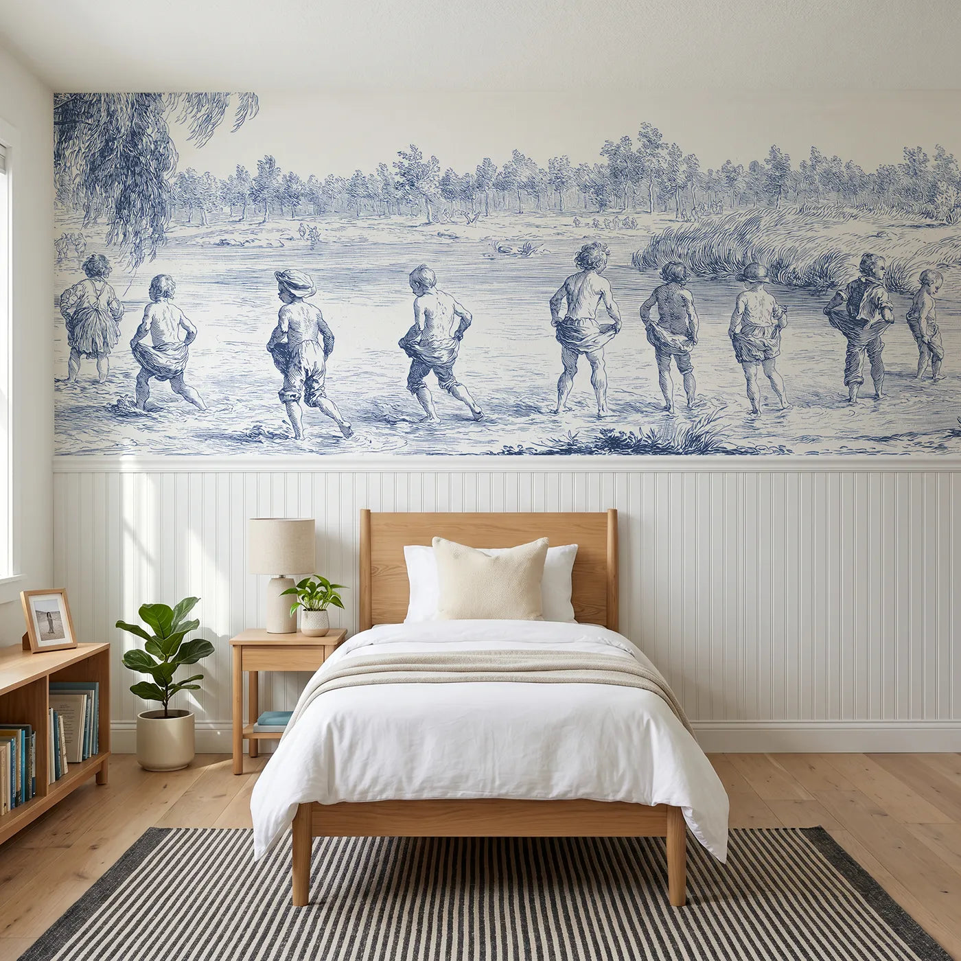 Toile wainscoting wallpaper of paddling in the stream by Whimsy Tots