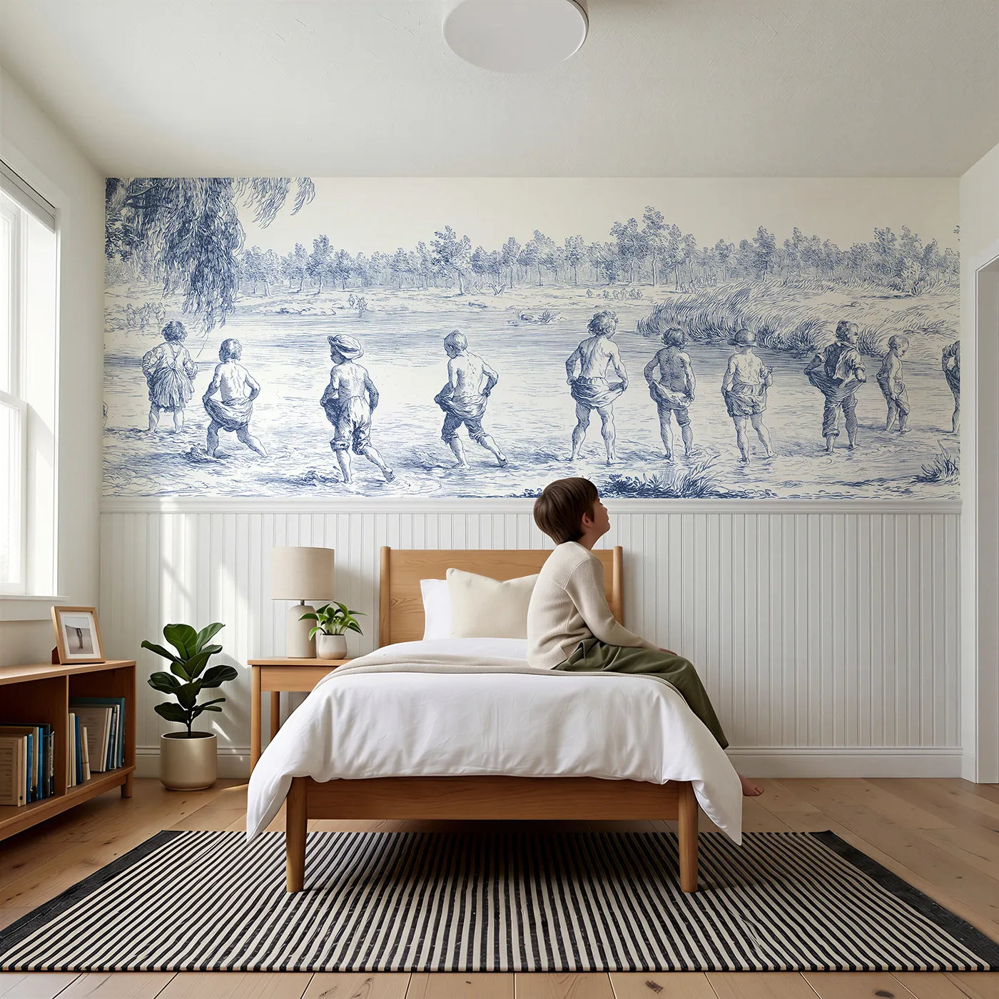 Child reading near Paddling In The Stream Wainscoting Wallpaper by Whimsy Tots