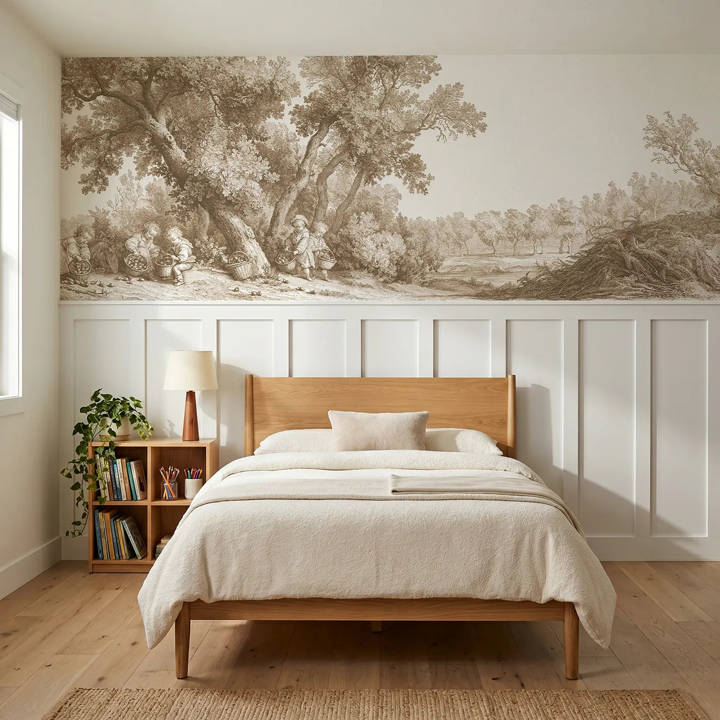 Toile wainscoting wallpaper of gathering the acorns in brown by Whimsy Tots