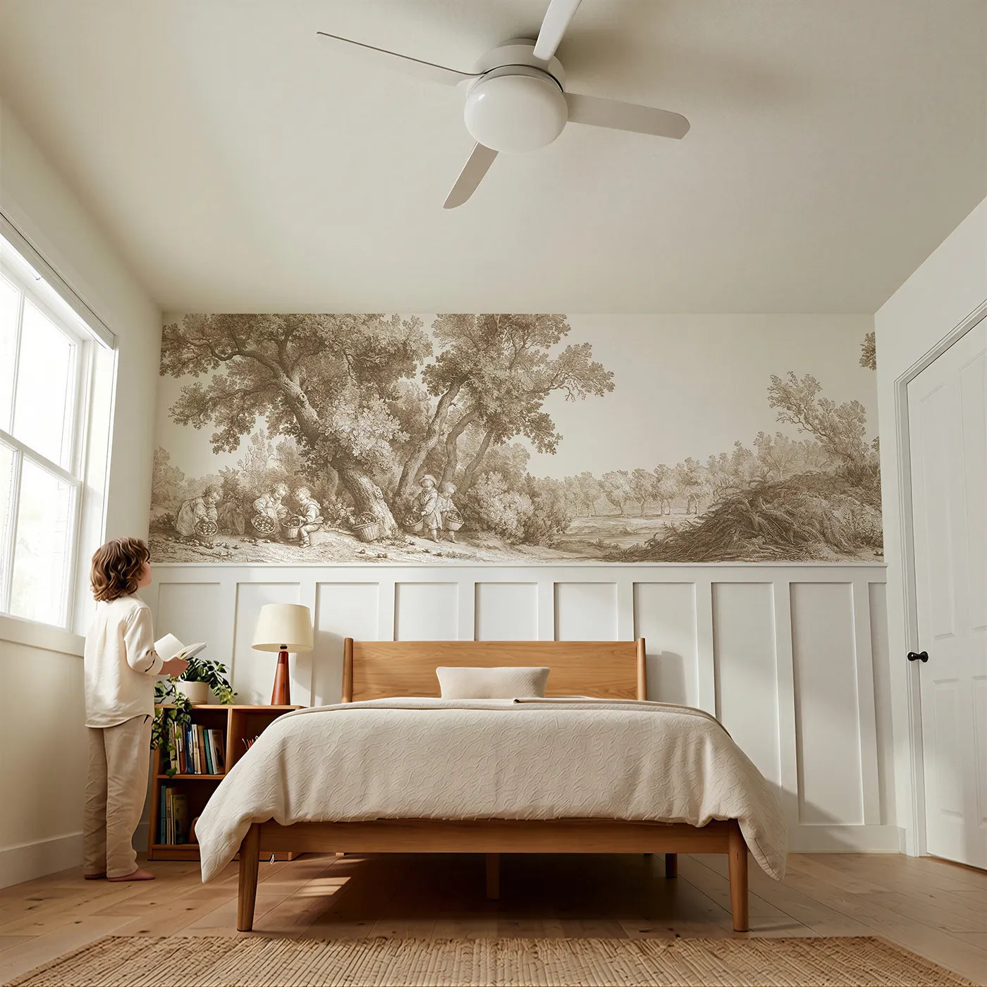 Child reading near Gathering The Acorns Wainscoting Wallpaper in Brown by Whimsy Tots