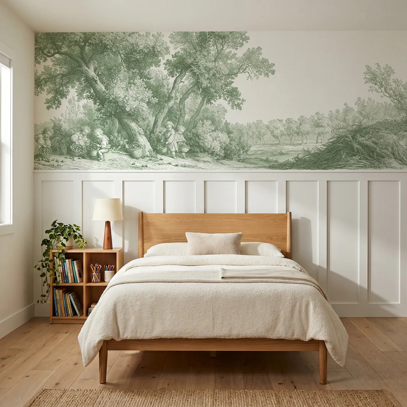Toile wainscoting wallpaper of gathering the acorns in green by Whimsy Tots