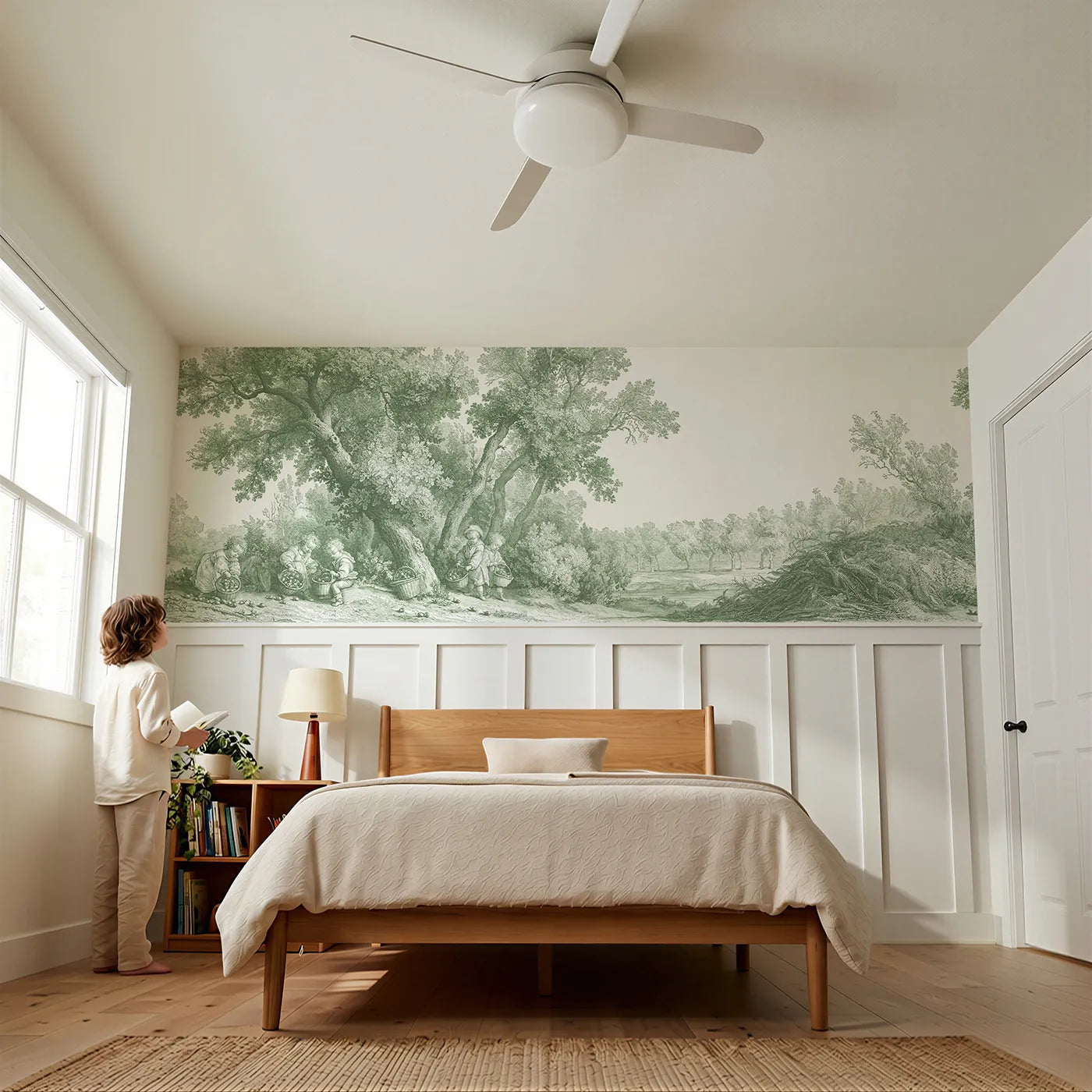 Child reading near Gathering The Acorns Wainscoting Wallpaper in Green by Whimsy Tots