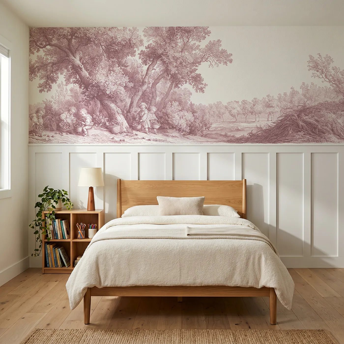 Toile wainscoting wallpaper of gathering the acorns in pink by Whimsy Tots