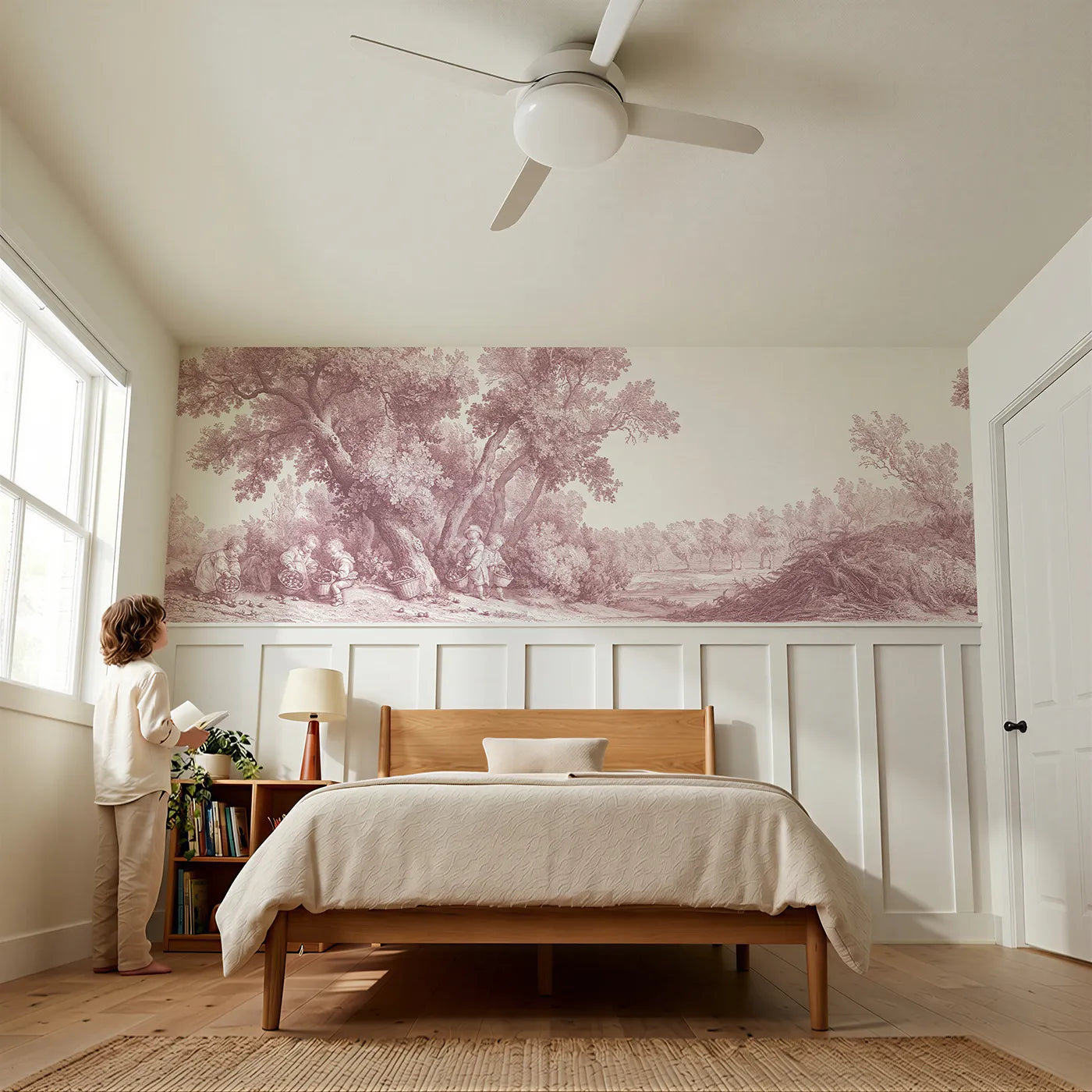 Child reading near Gathering The Acorns Wainscoting Wallpaper in Pink by Whimsy Tots