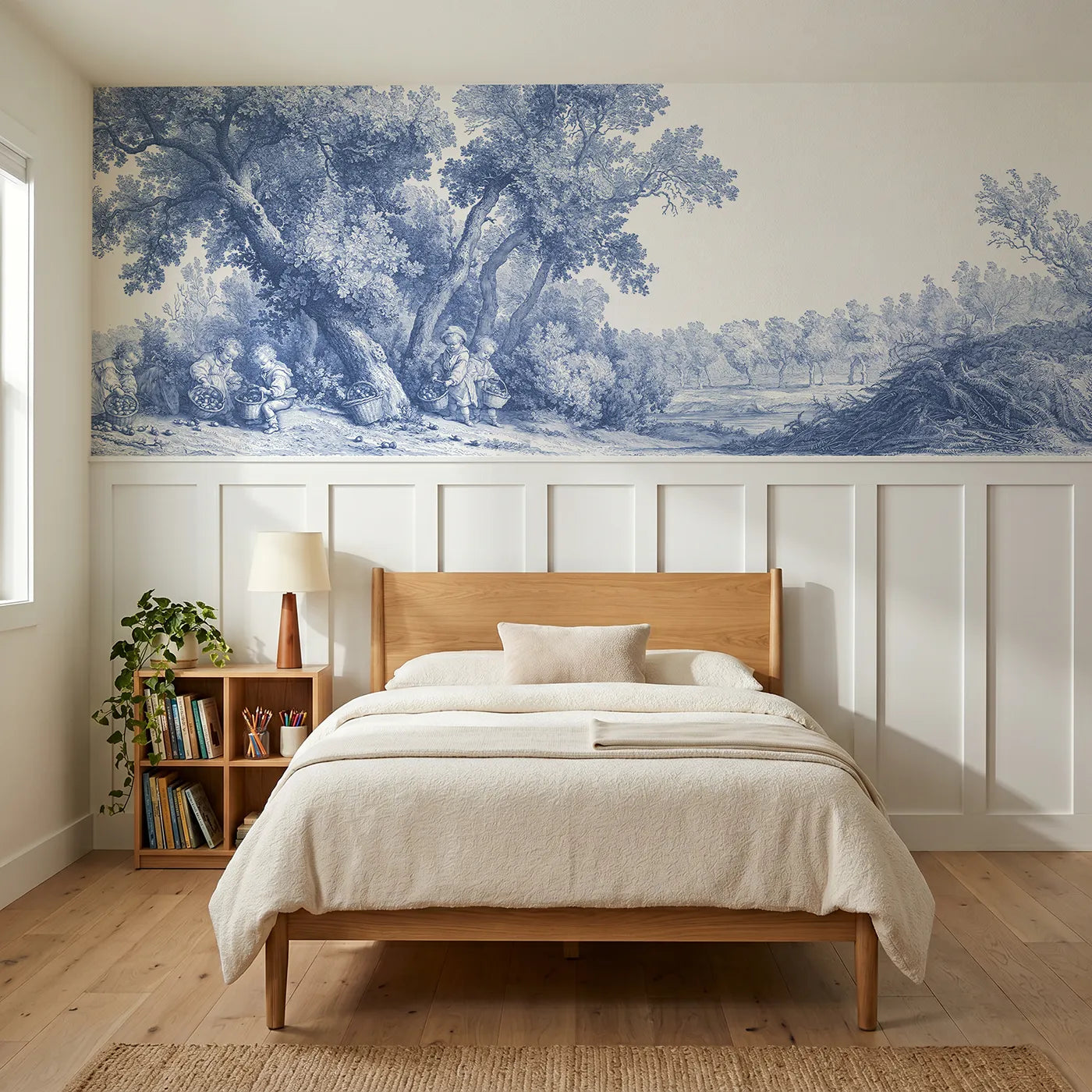 Toile wainscoting wallpaper of gathering the acorns by Whimsy Tots