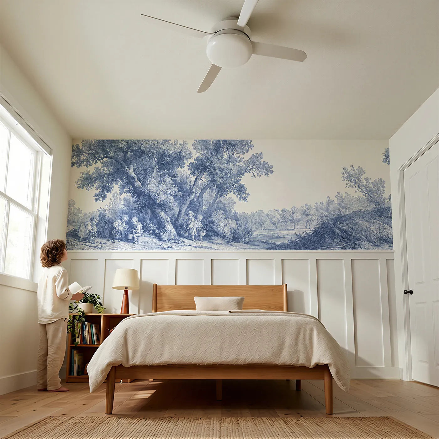 Child reading near Gathering The Acorns Wainscoting Wallpaper by Whimsy Tots