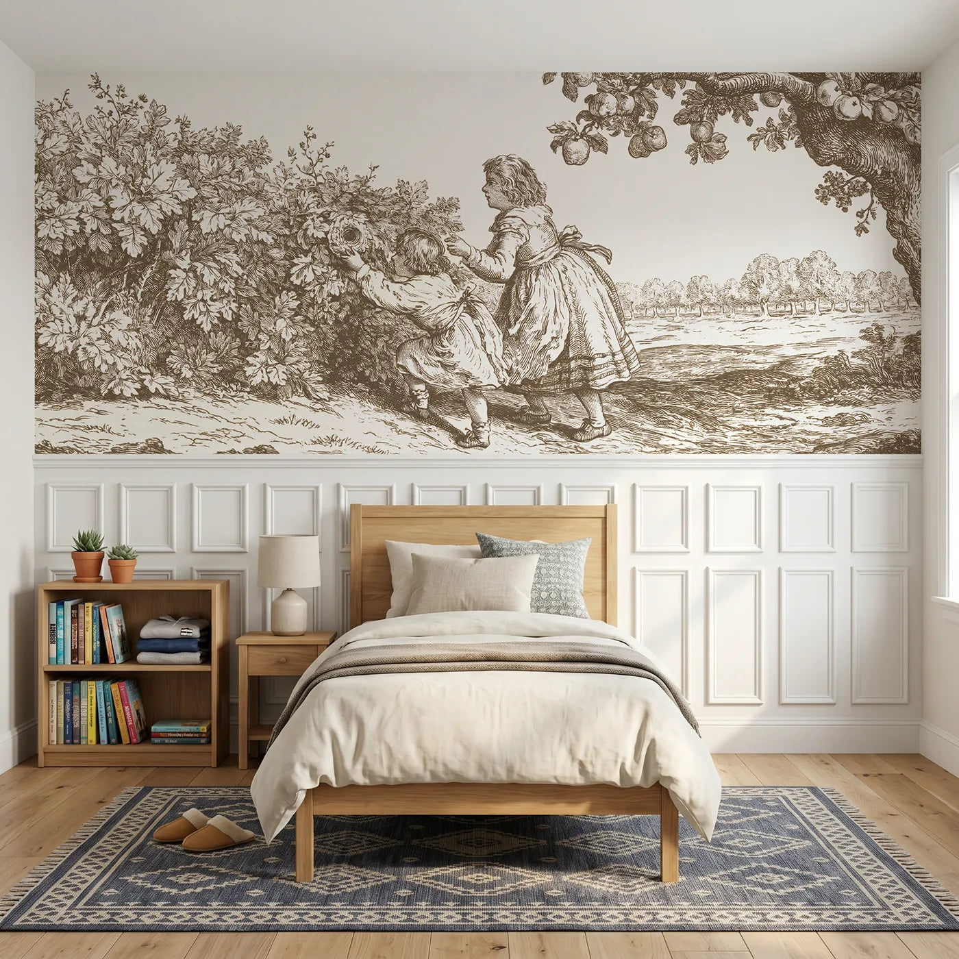 Toile wainscoting wallpaper of the nest in the hedge in brown by Whimsy Tots