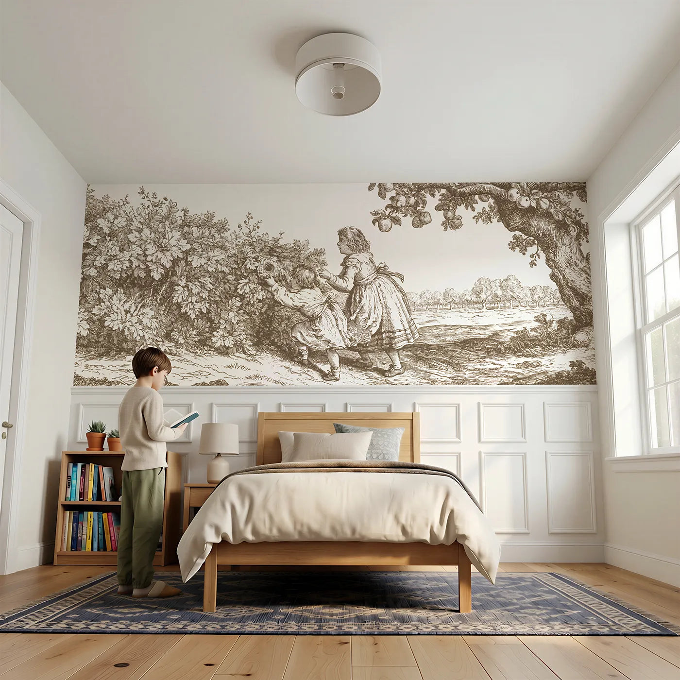 Child reading near The Nest In The Hedge Wainscoting Wallpaper in Brown by Whimsy Tots