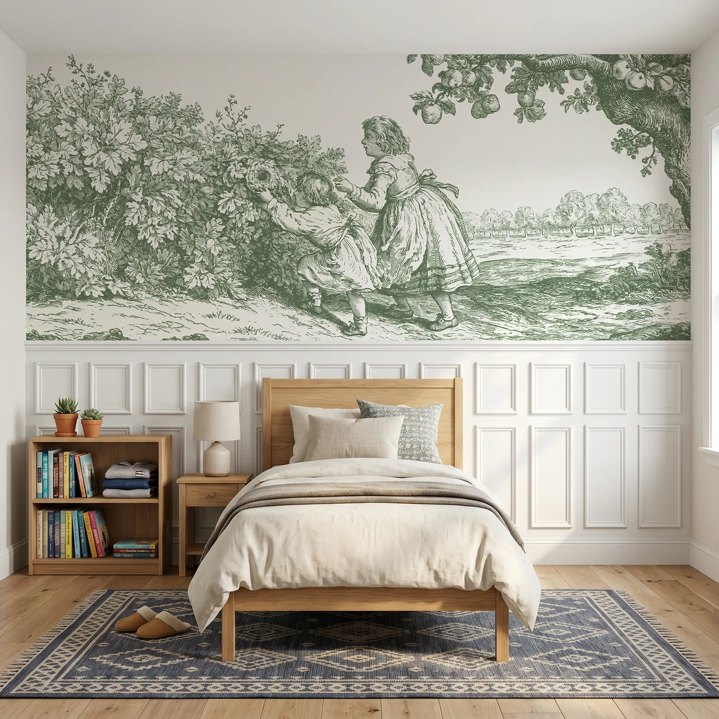 Toile wainscoting wallpaper of the nest in the hedge in green by Whimsy Tots