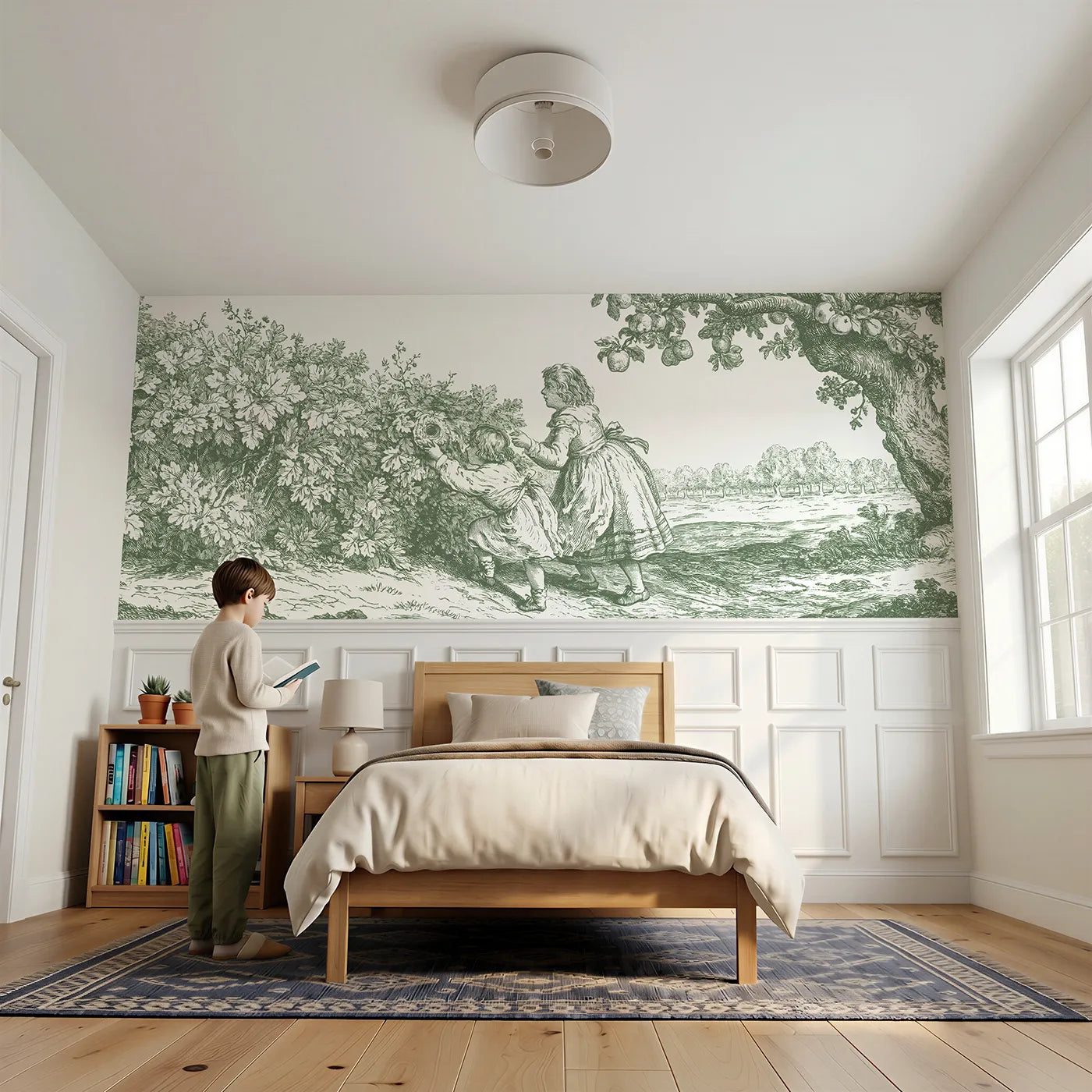 Child reading near The Nest In The Hedge Wainscoting Wallpaper in Green by Whimsy Tots