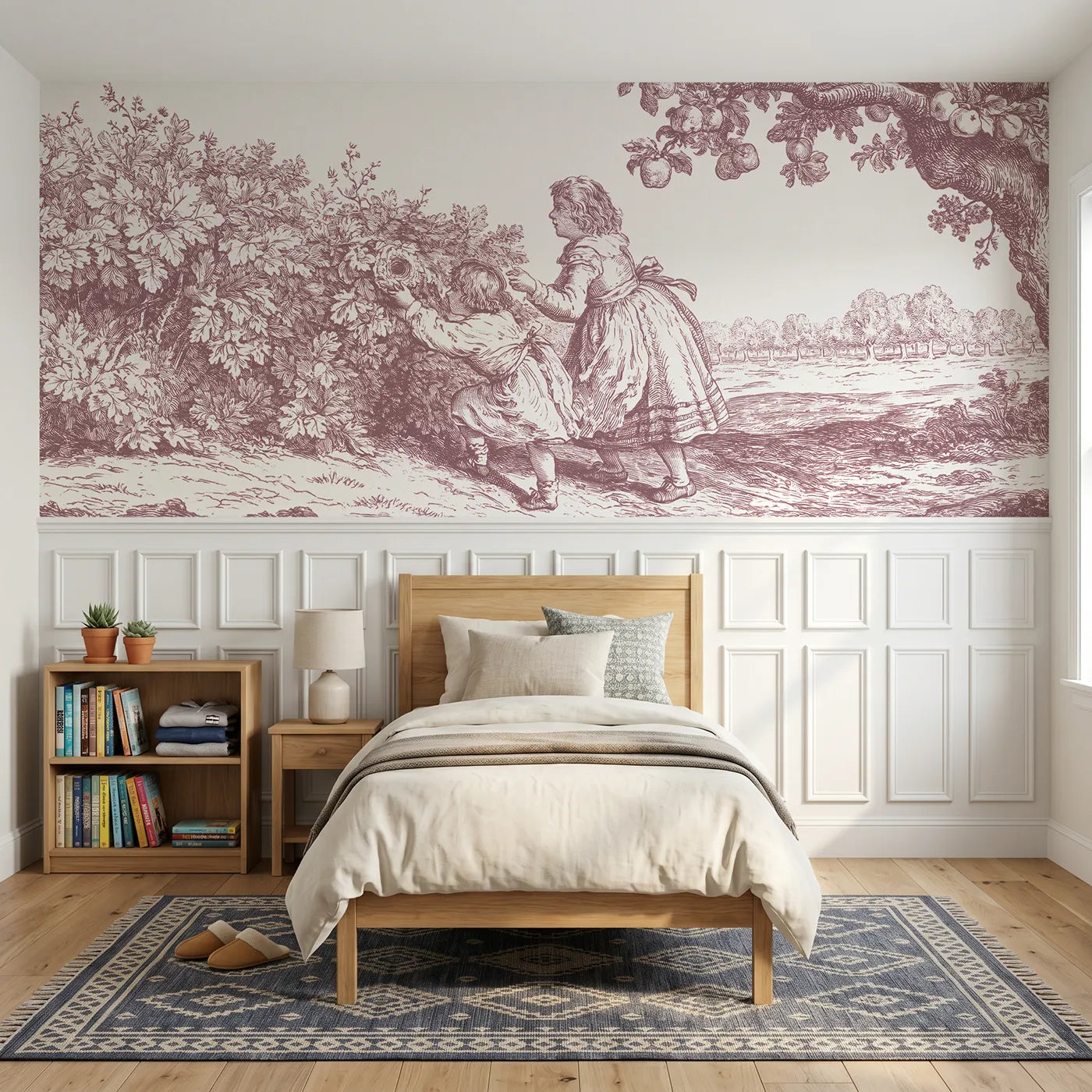 Toile wainscoting wallpaper of the nest in the hedge in pink by Whimsy Tots