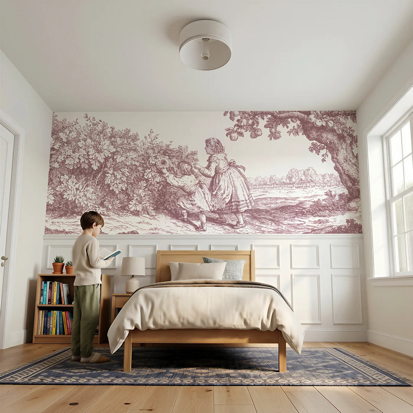 Child reading near The Nest In The Hedge Wainscoting Wallpaper in Pink by Whimsy Tots