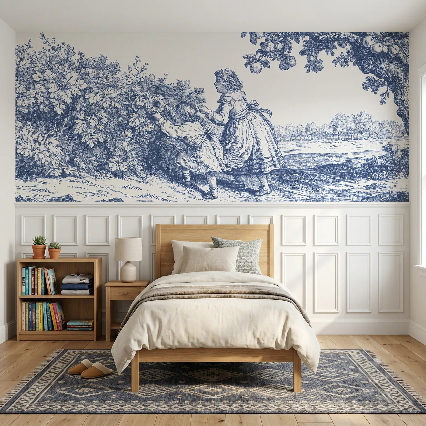 Toile wainscoting wallpaper of the nest in the hedge by Whimsy Tots