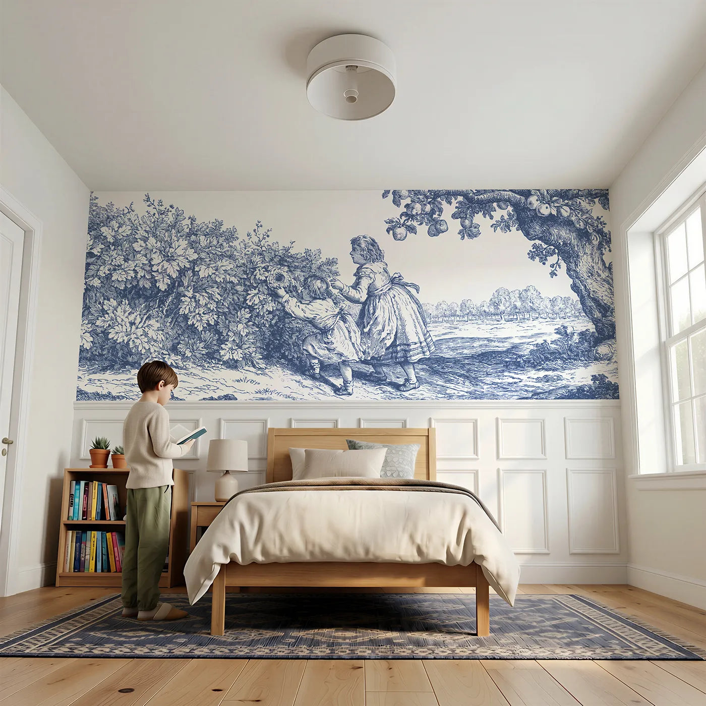 Child reading near The Nest In The Hedge Wainscoting Wallpaper by Whimsy Tots