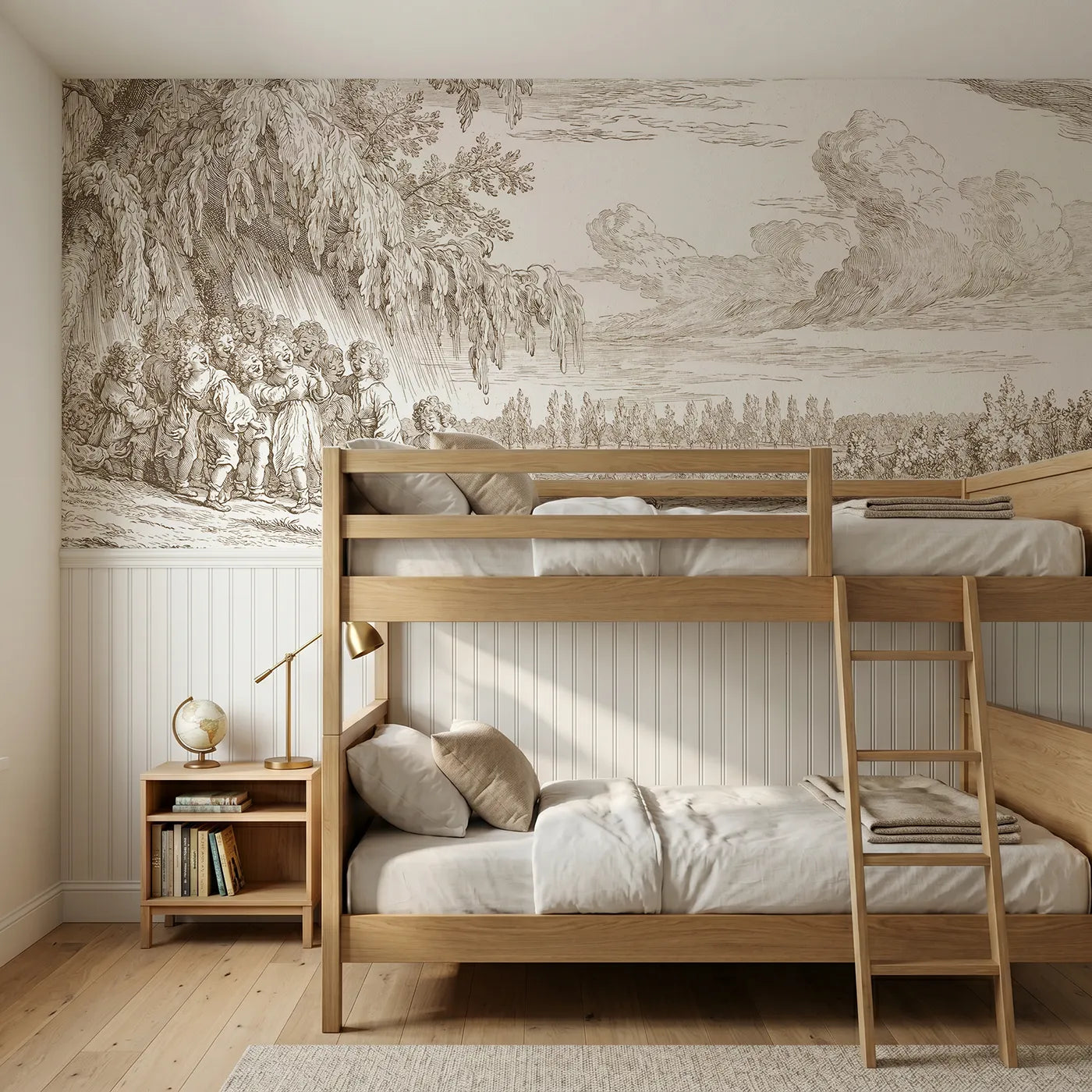 Toile wainscoting wallpaper of shelter from the shower in brown by Whimsy Tots