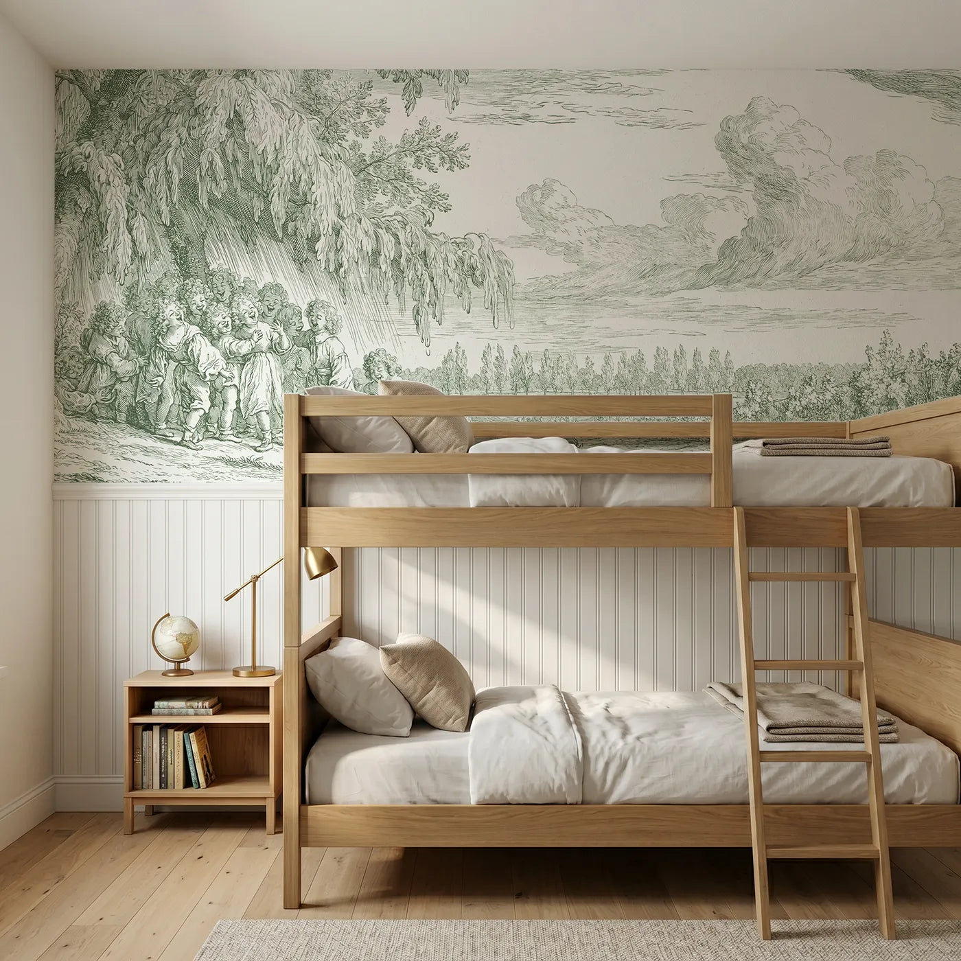 Toile wainscoting wallpaper of shelter from the shower in green by Whimsy Tots
