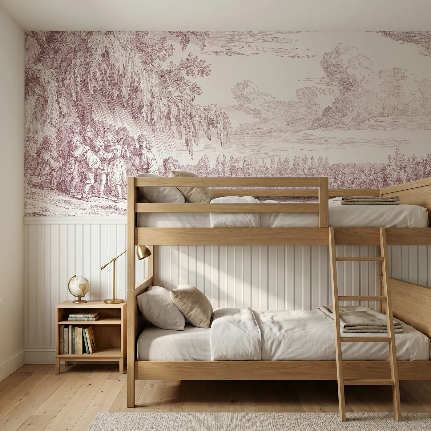 Toile wainscoting wallpaper of shelter from the shower in pink by Whimsy Tots
