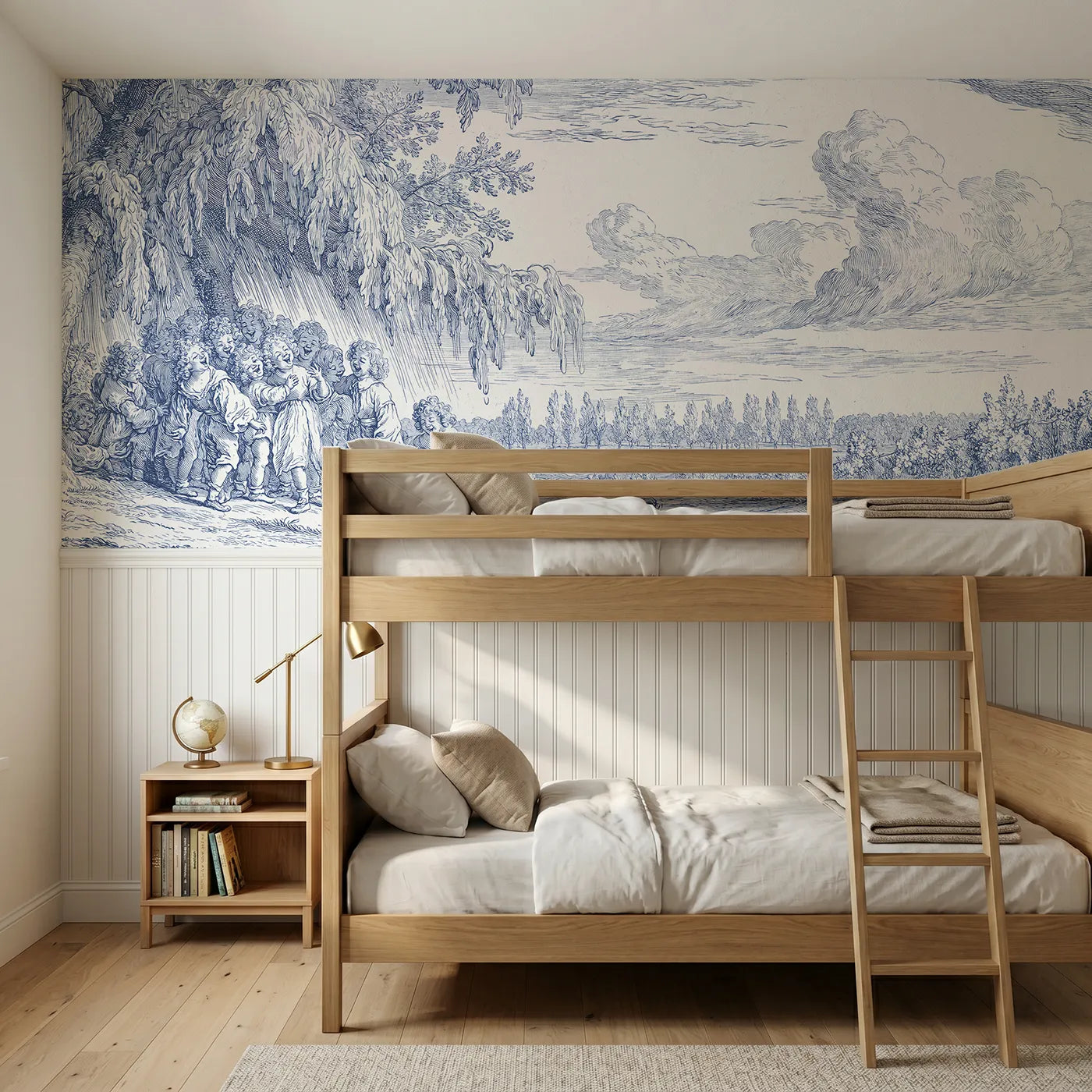 Toile wainscoting wallpaper of shelter from the shower by Whimsy Tots
