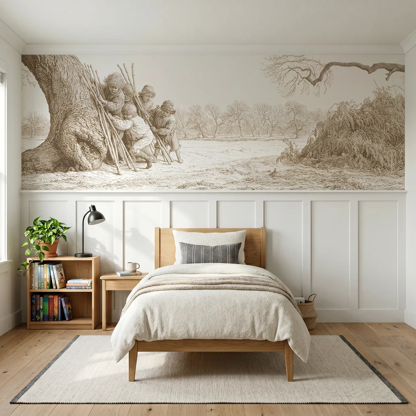 Toile wainscoting wallpaper of the stick den in brown by Whimsy Tots