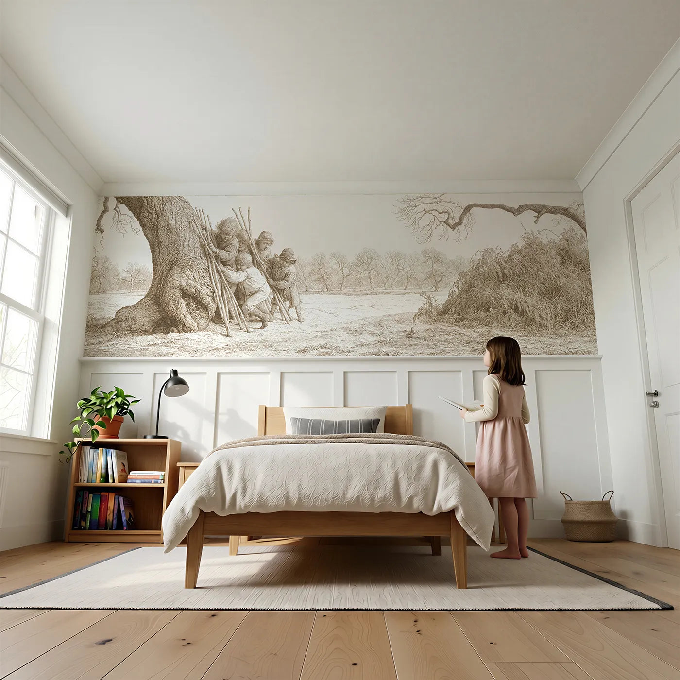 Child reading near The Stick Den Wainscoting Wallpaper in Brown by Whimsy Tots
