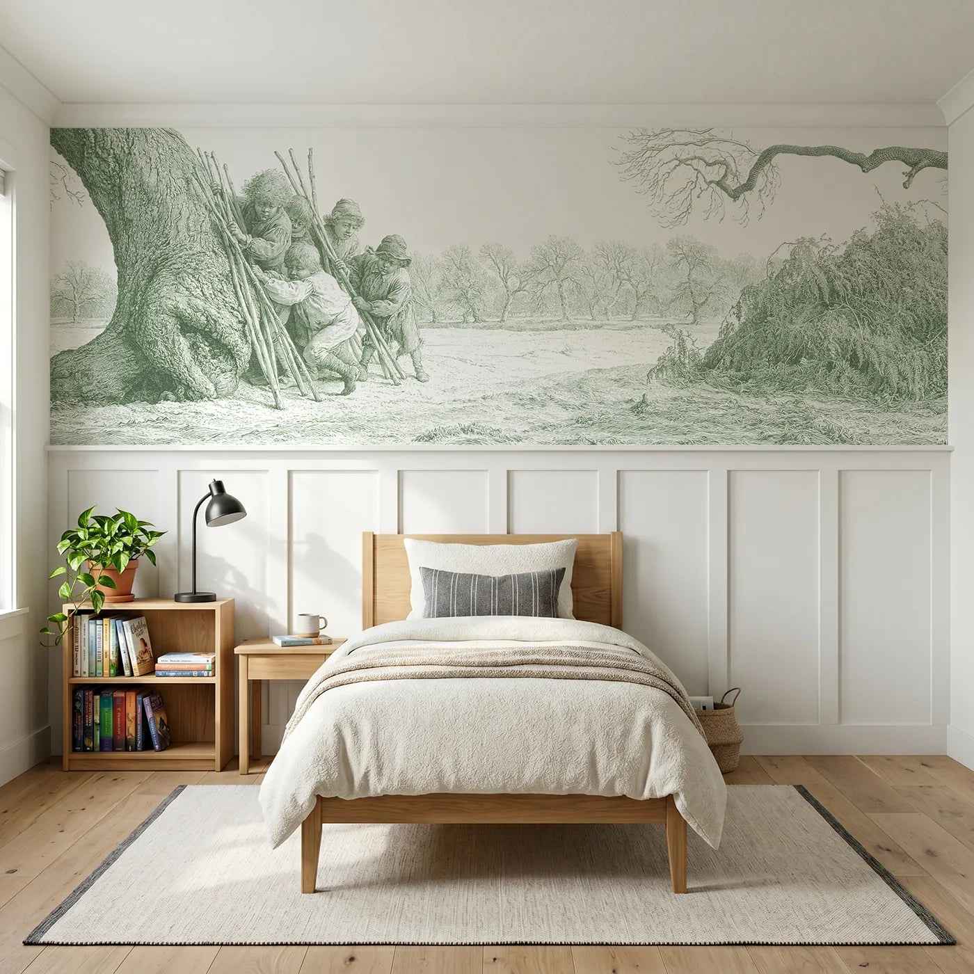 Toile wainscoting wallpaper of the stick den in green by Whimsy Tots