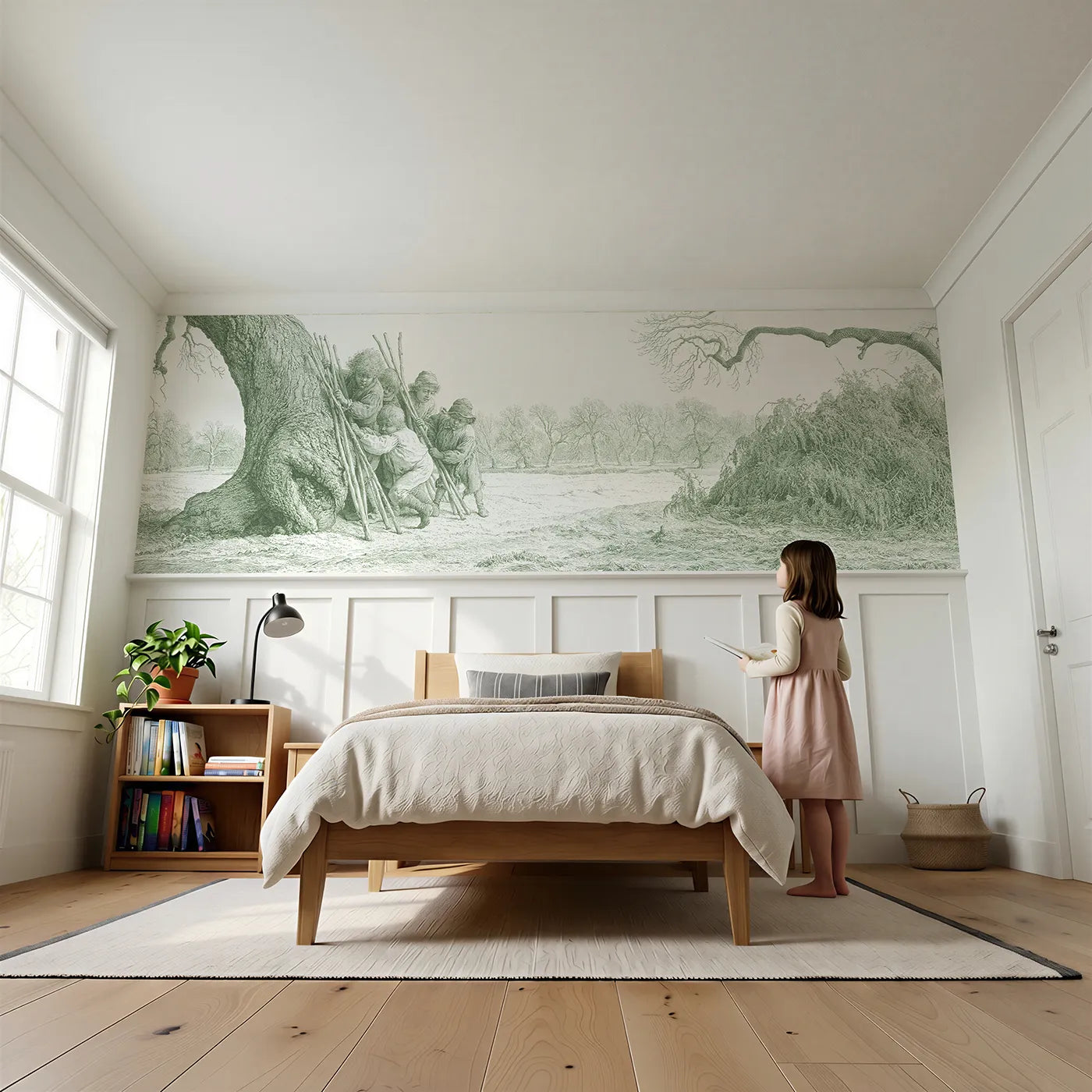 Child reading near The Stick Den Wainscoting Wallpaper in Green by Whimsy Tots