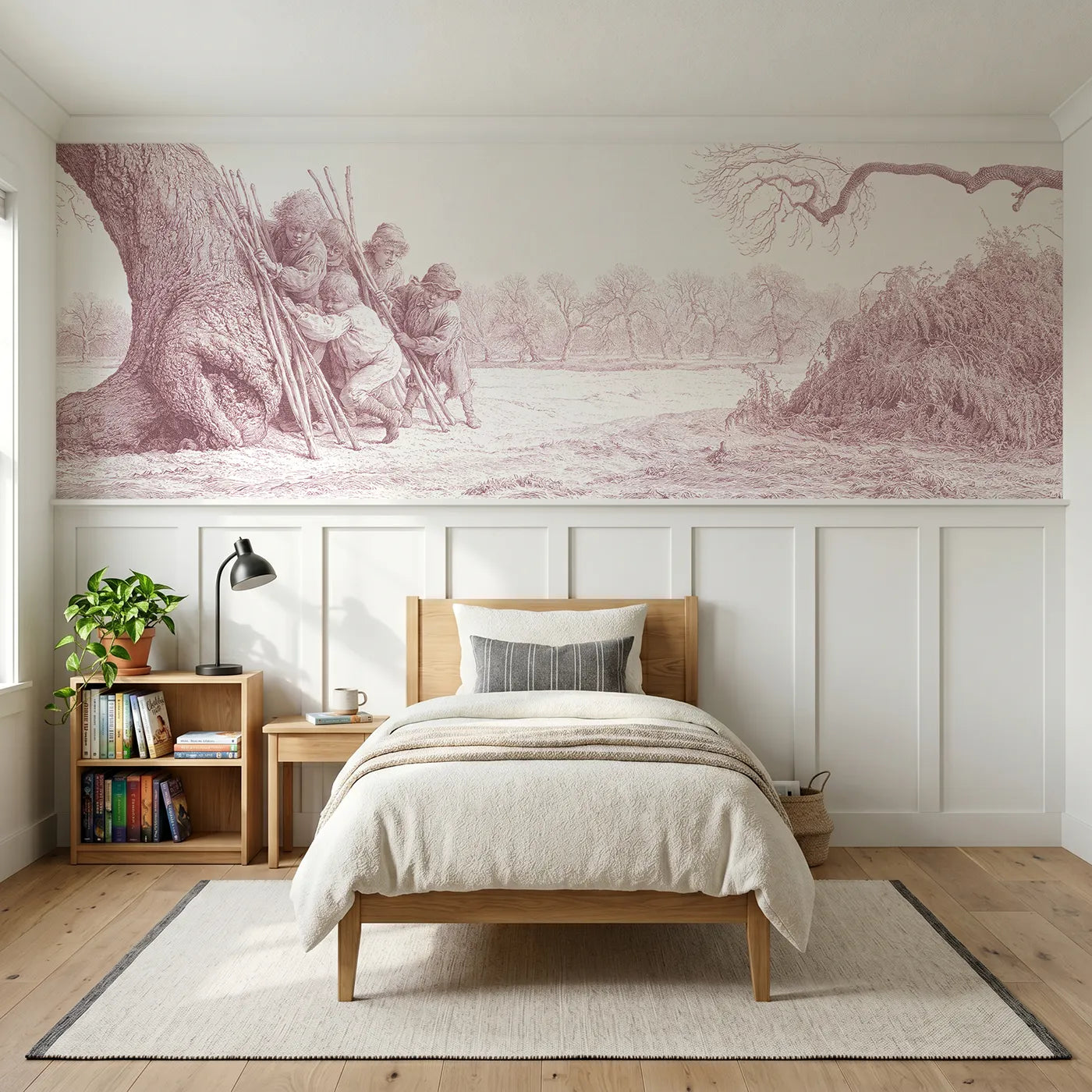 Toile wainscoting wallpaper of the stick den in pink by Whimsy Tots