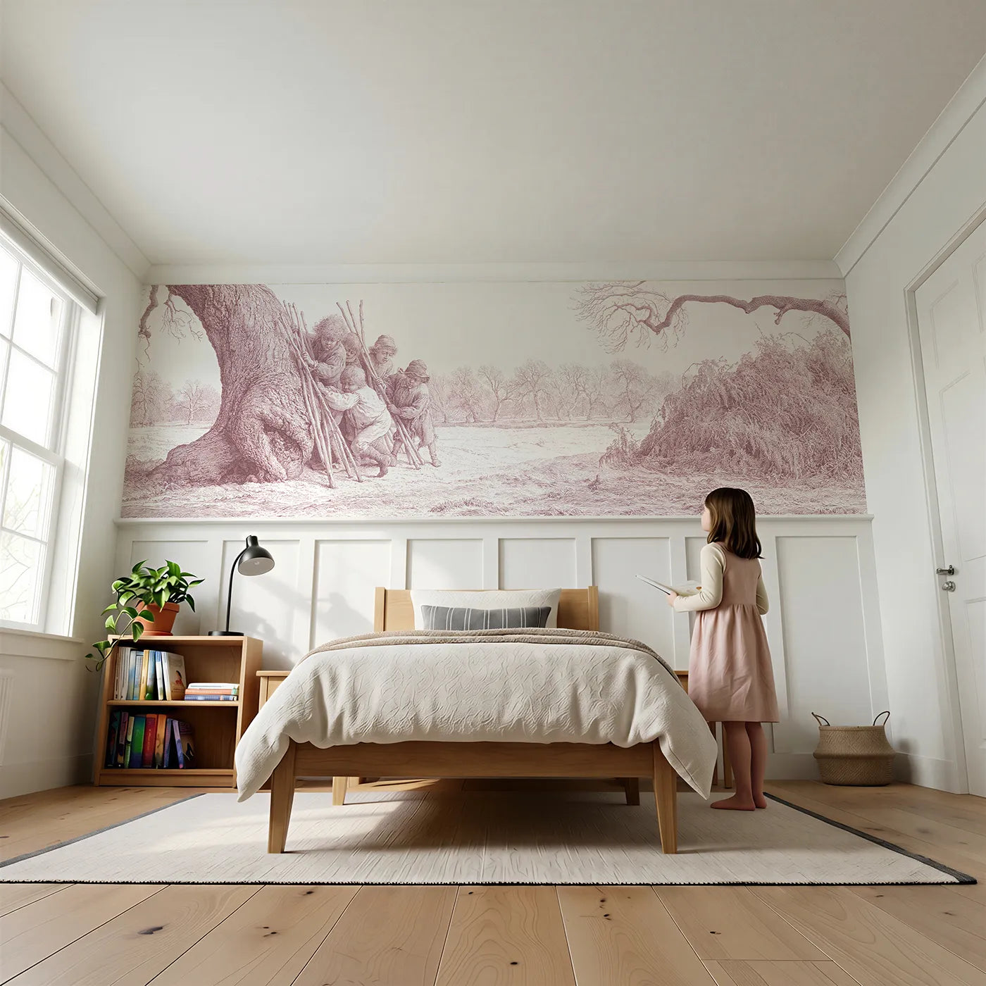 Child reading near The Stick Den Wainscoting Wallpaper in Pink by Whimsy Tots