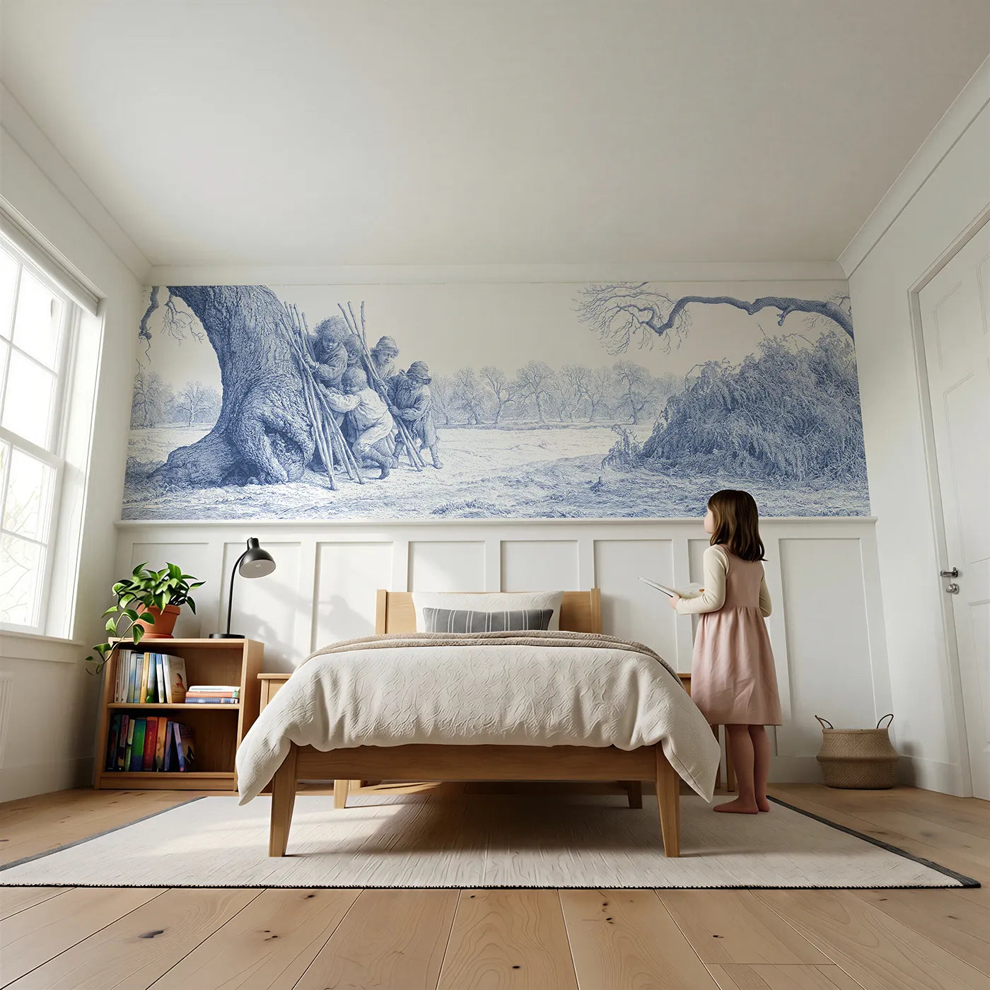 Child reading near The Stick Den Wainscoting Wallpaper by Whimsy Tots