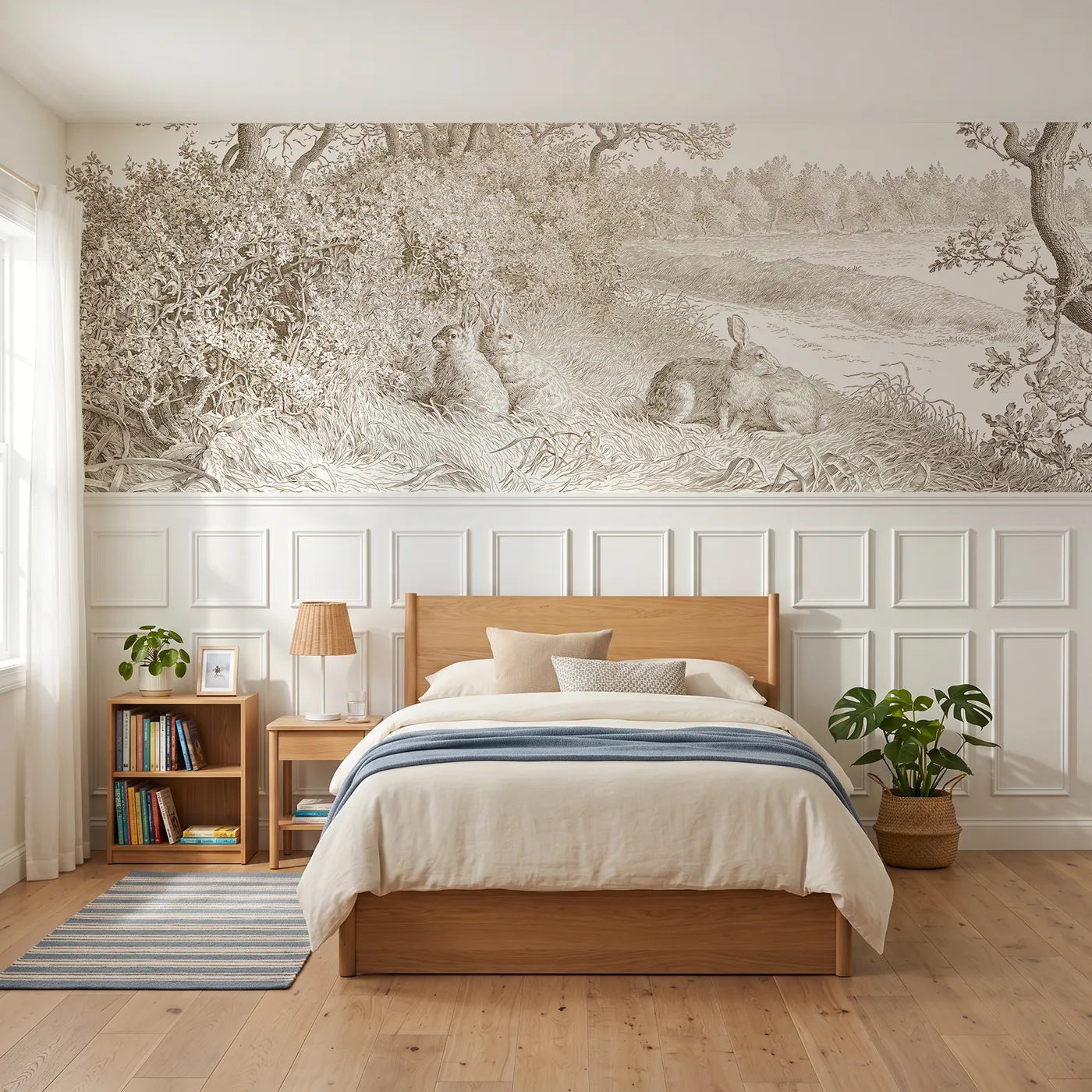 Toile wainscoting wallpaper of rabbits under the hedge in brown by Whimsy Tots