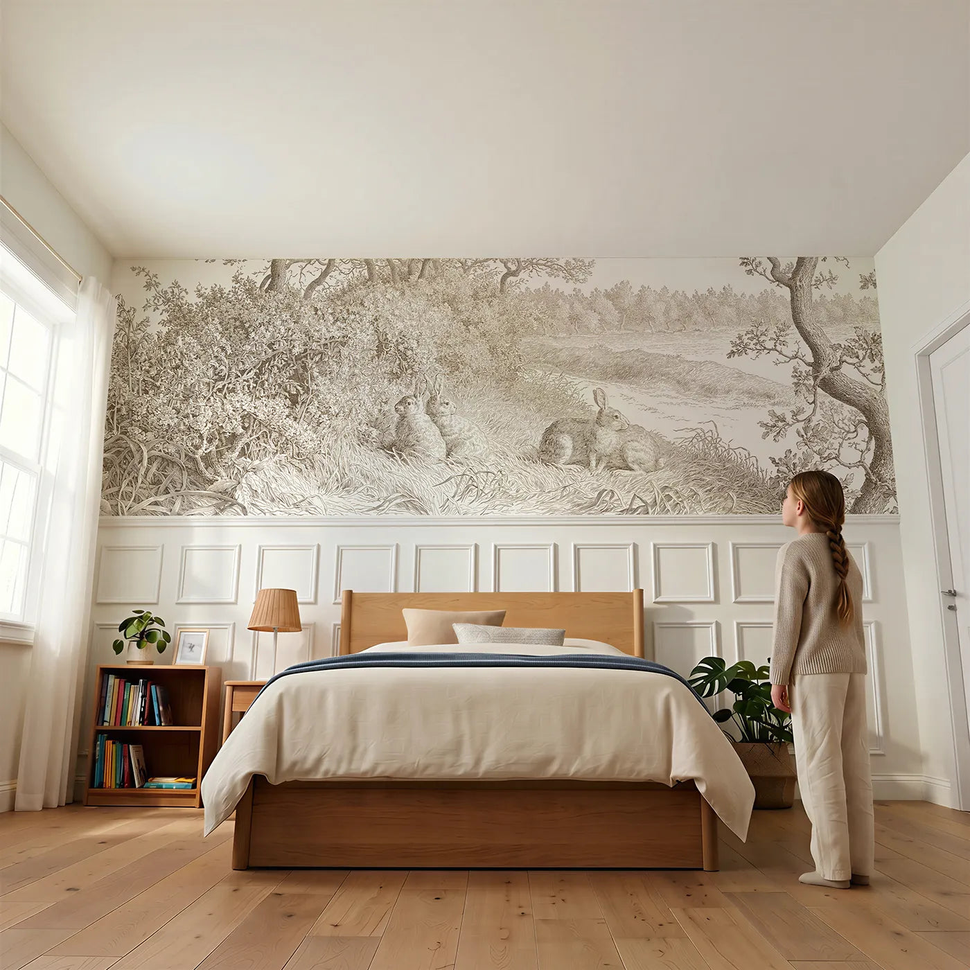 Child reading near Rabbits Under The Hedge Wainscoting Wallpaper in Brown by Whimsy Tots