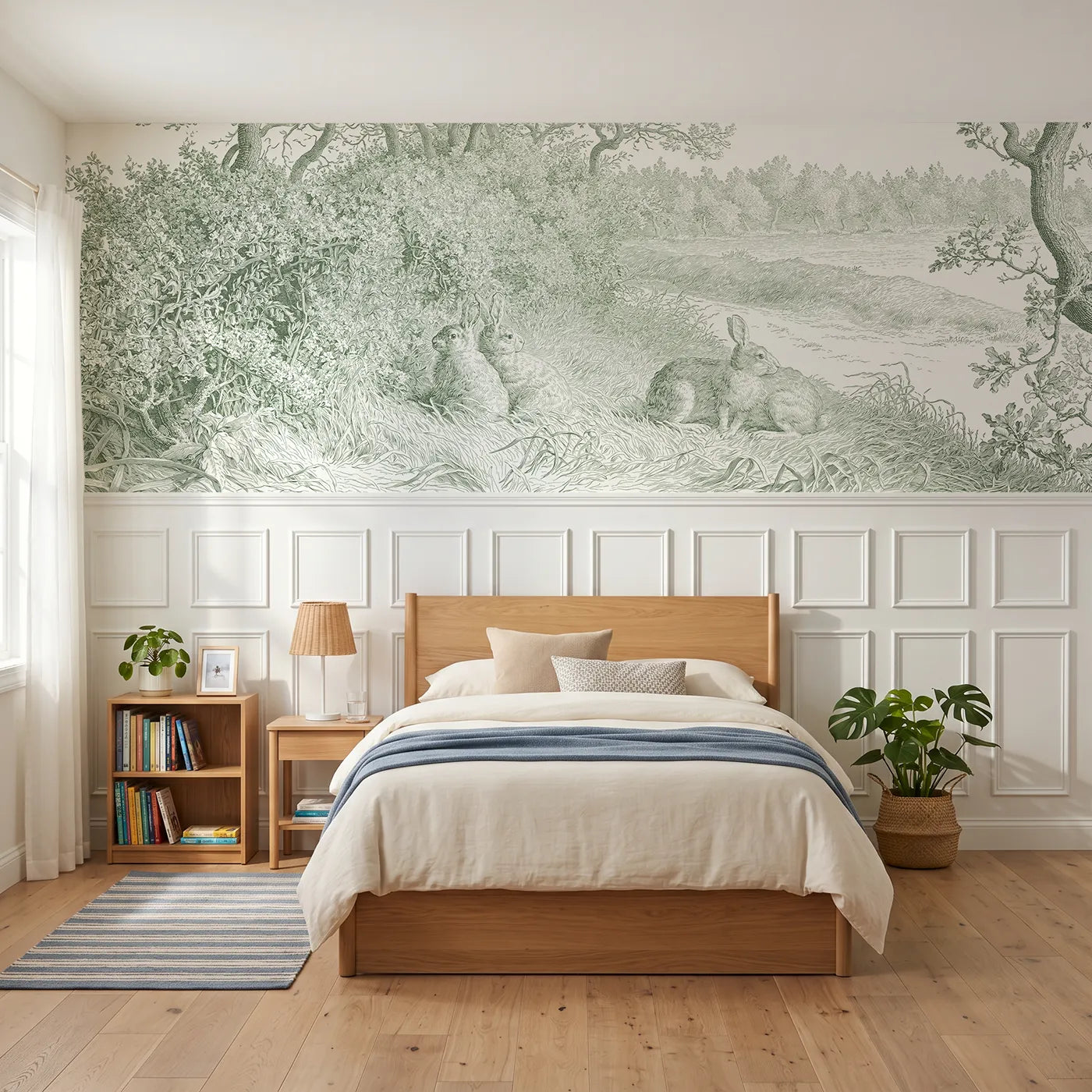 Toile wainscoting wallpaper of rabbits under the hedge in green by Whimsy Tots