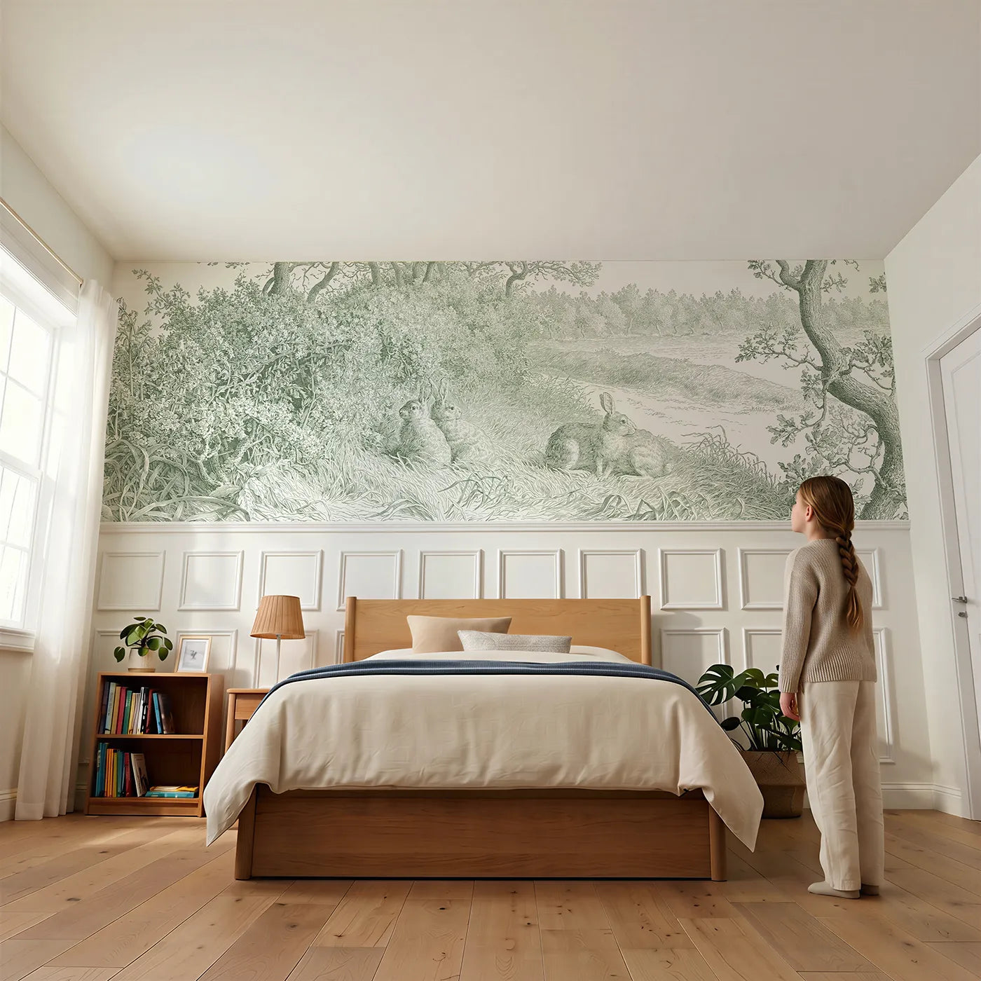 Child reading near Rabbits Under The Hedge Wainscoting Wallpaper in Green by Whimsy Tots