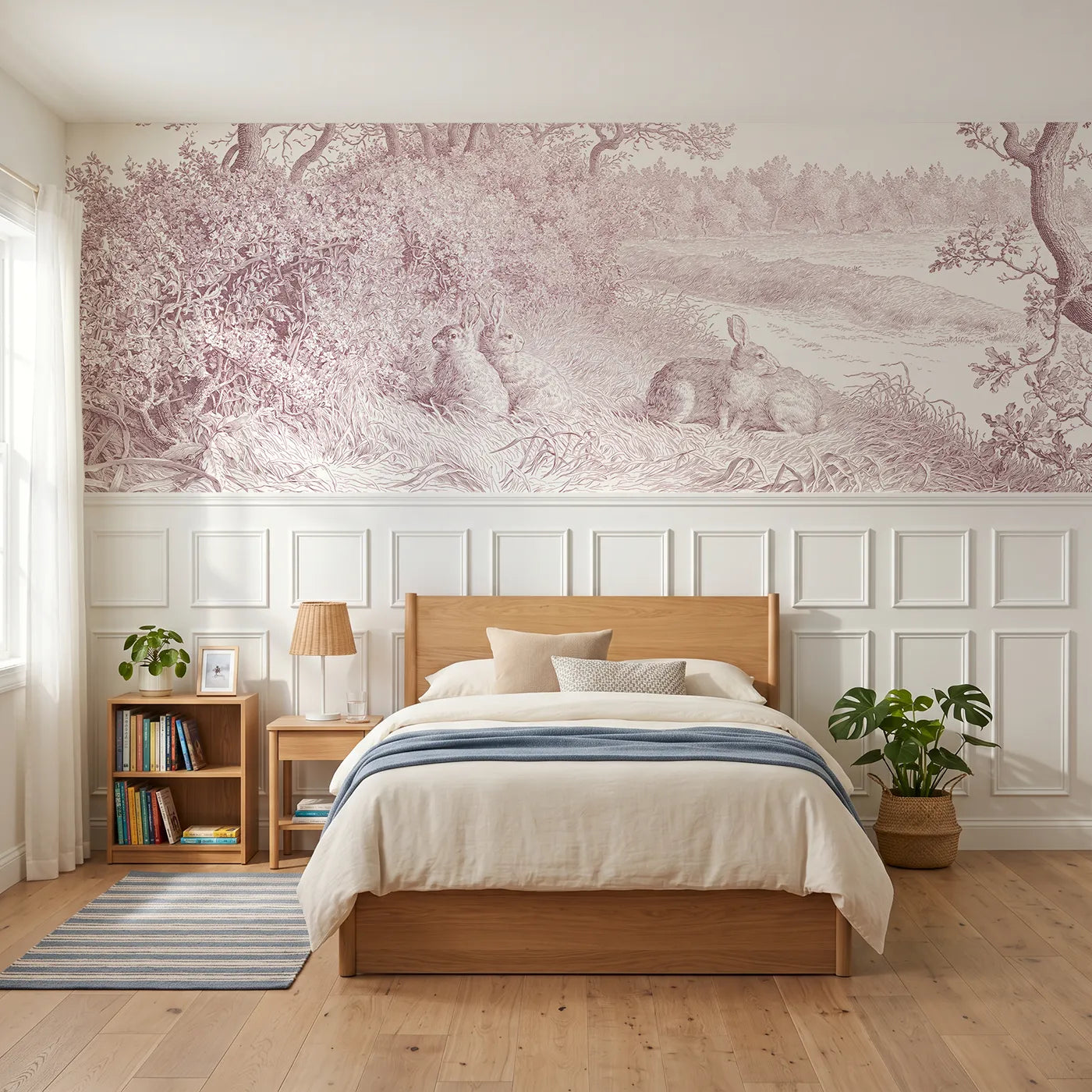 Toile wainscoting wallpaper of rabbits under the hedge in pink by Whimsy Tots
