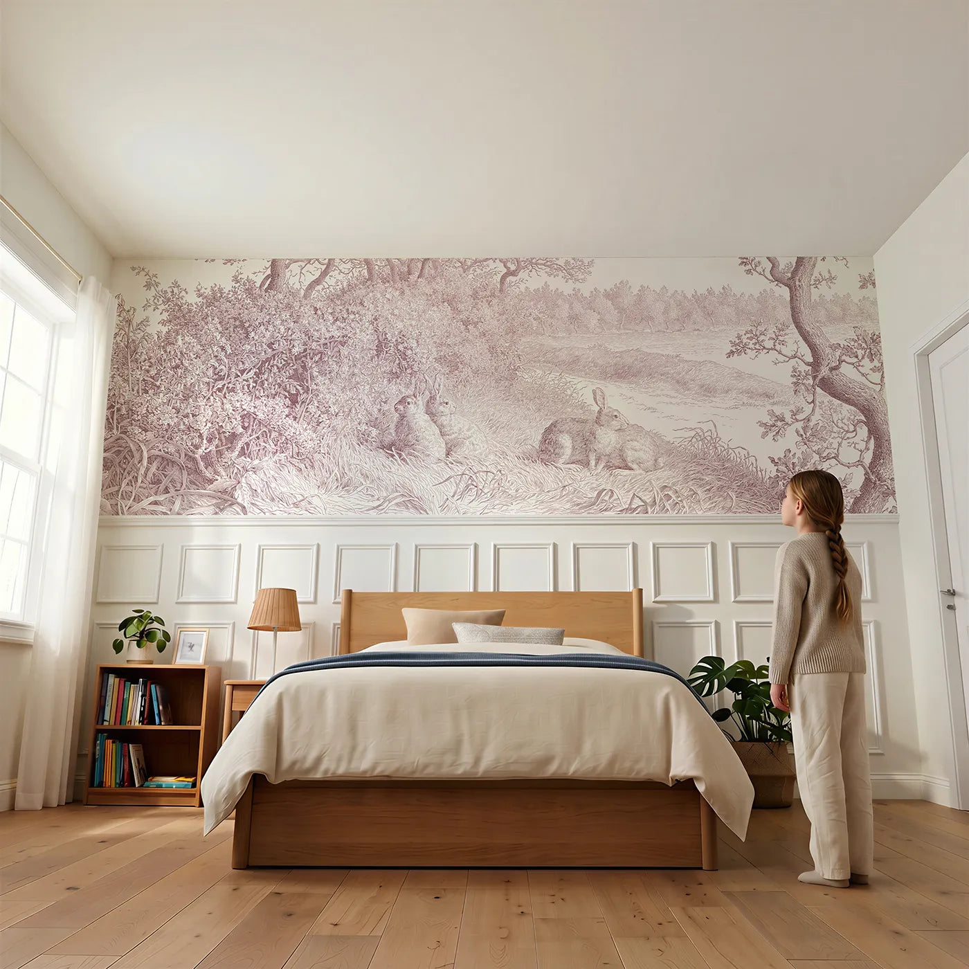 Child reading near Rabbits Under The Hedge Wainscoting Wallpaper in Pink by Whimsy Tots