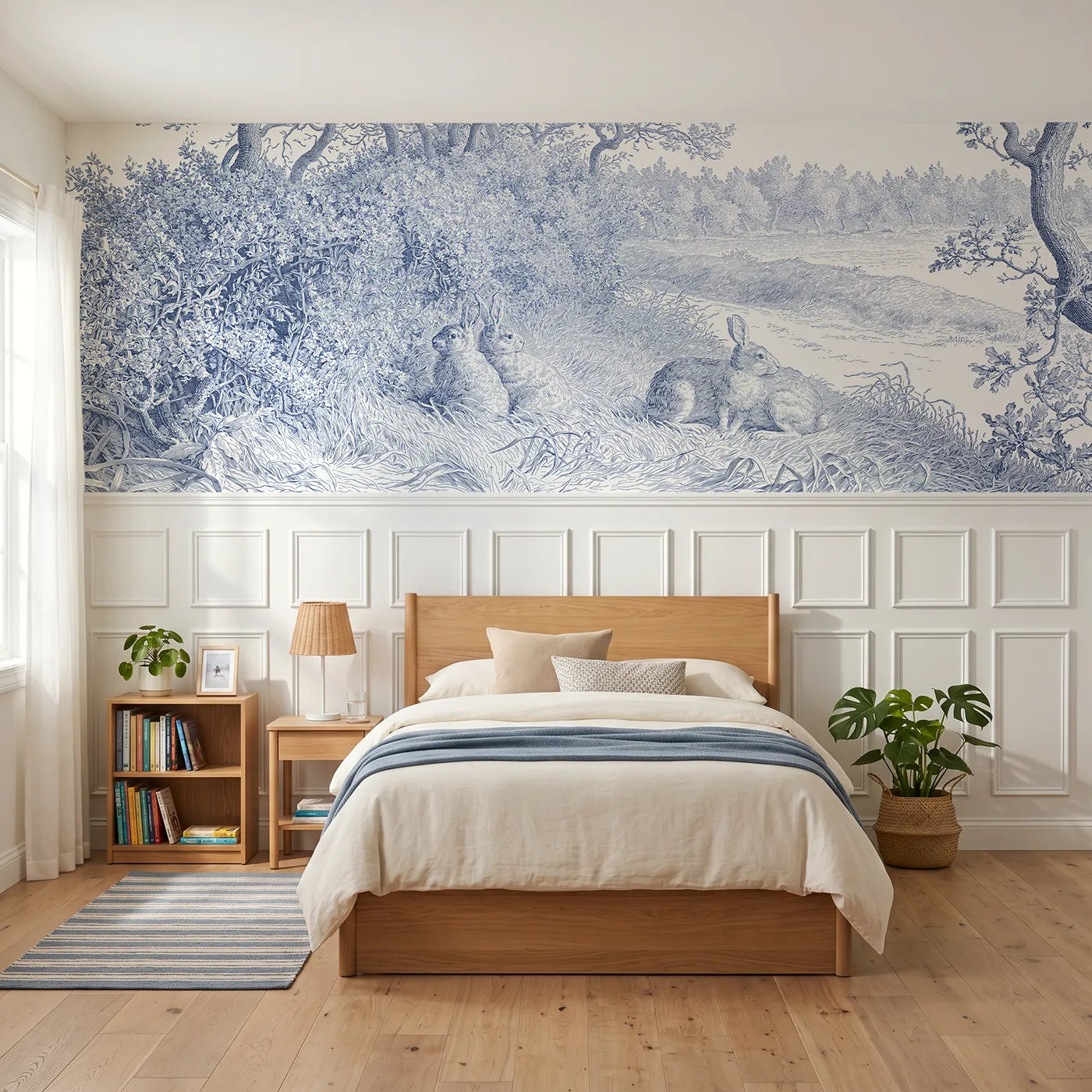 Toile wainscoting wallpaper of rabbits under the hedge by Whimsy Tots