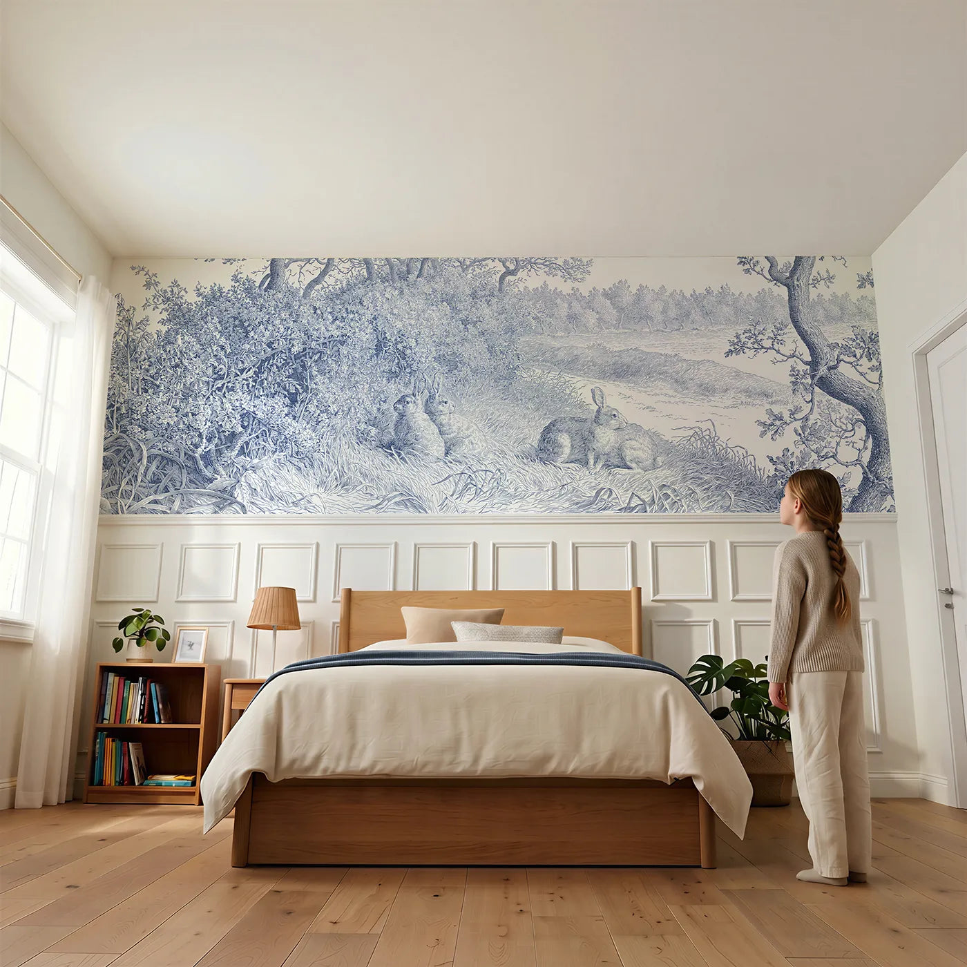Child reading near Rabbits Under The Hedge Wainscoting Wallpaper by Whimsy Tots
